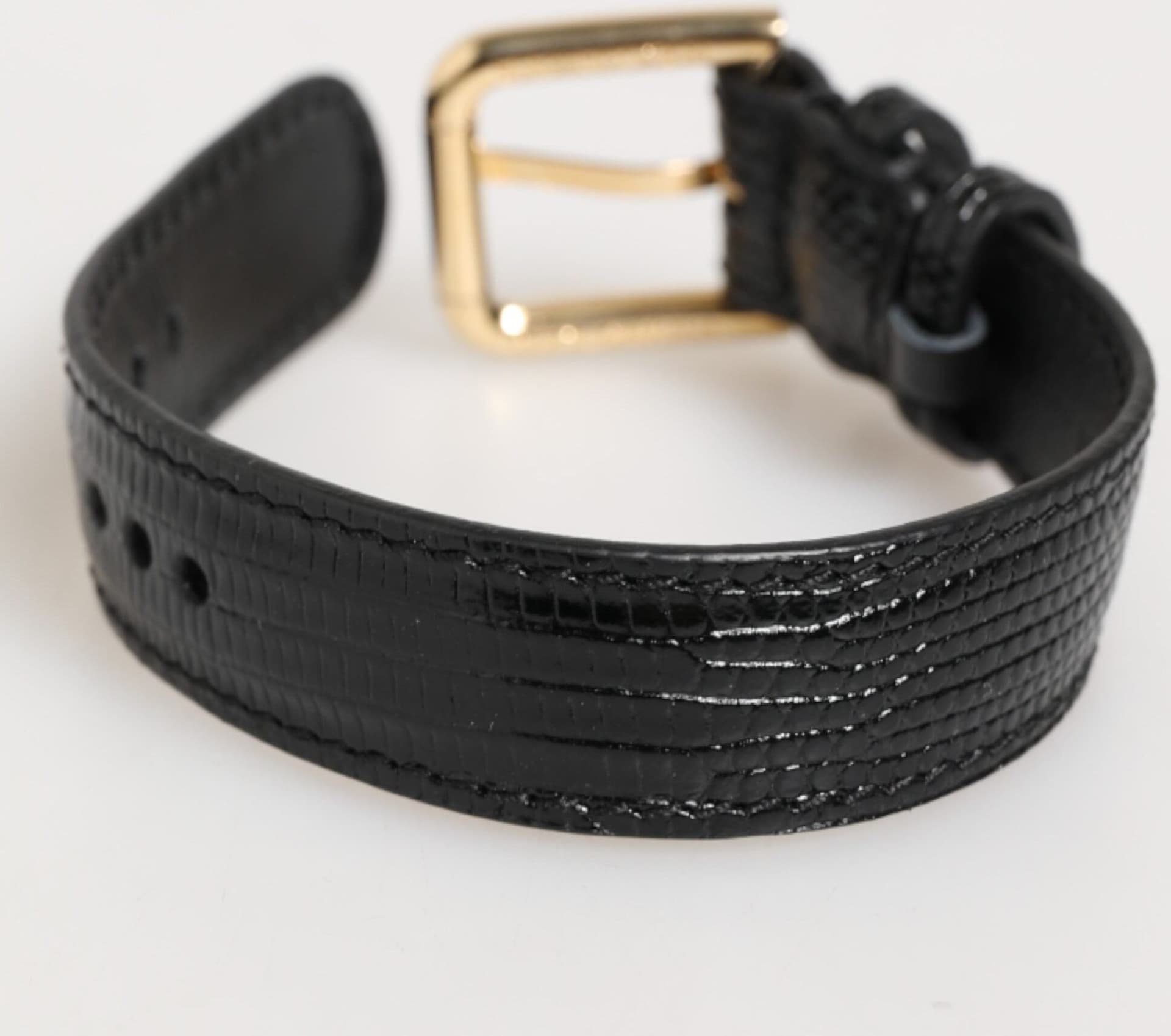 Black Embossed Leather Gold Buckle Belt Strap Bracelet - 7