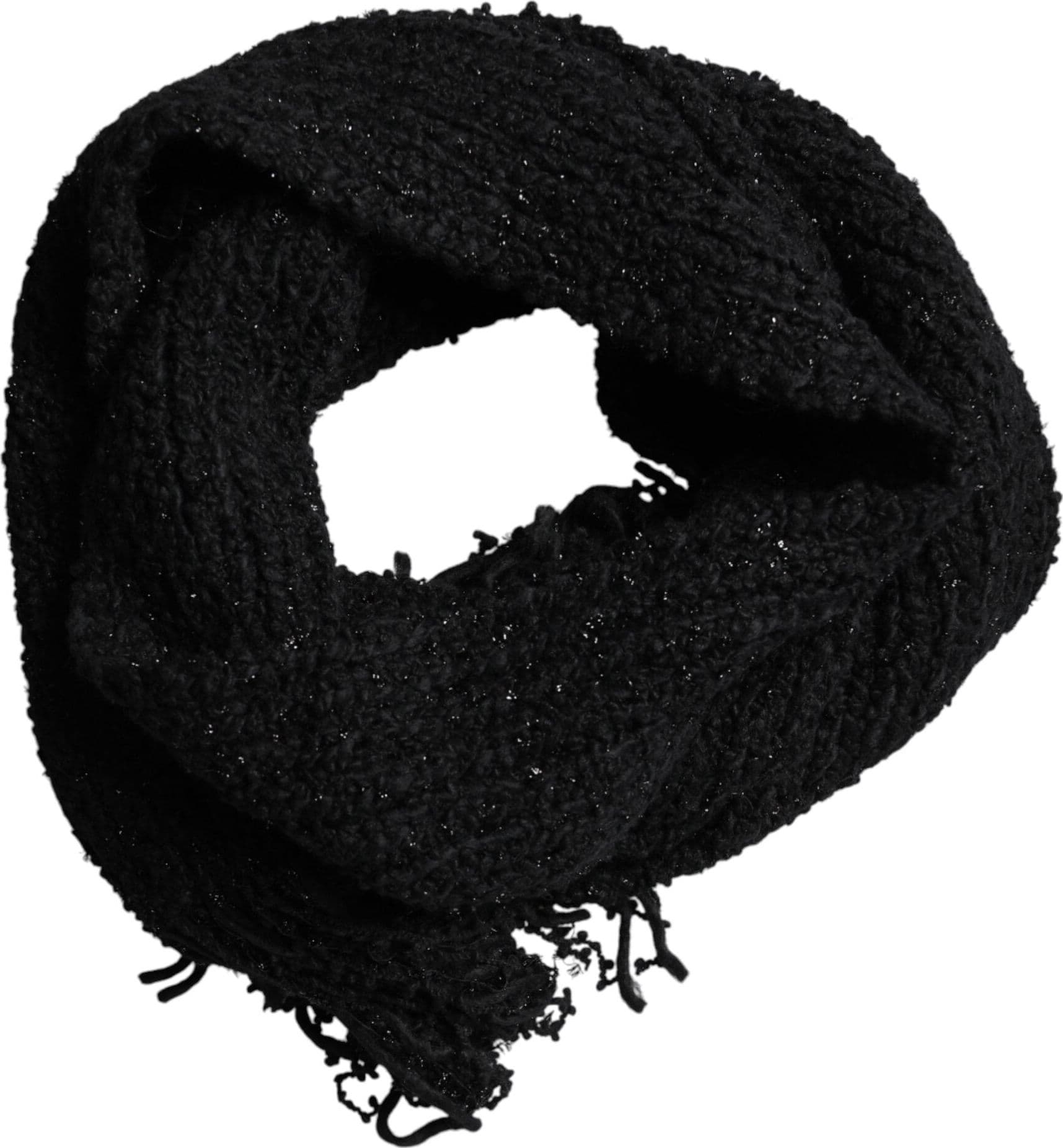 Black Wool Fringes Neck Wrap Foulard Scarf - 4