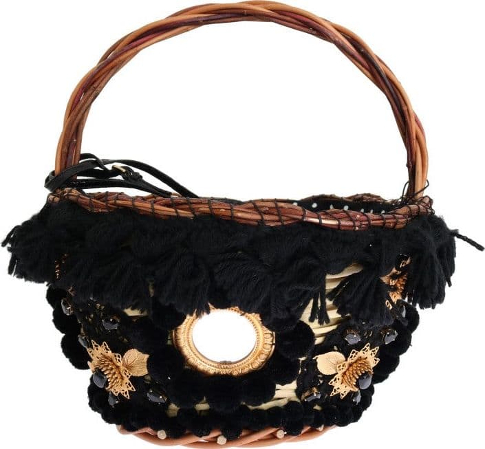 Beige Straw Snakeskin Pom Pom Crystal AGNESE Bag