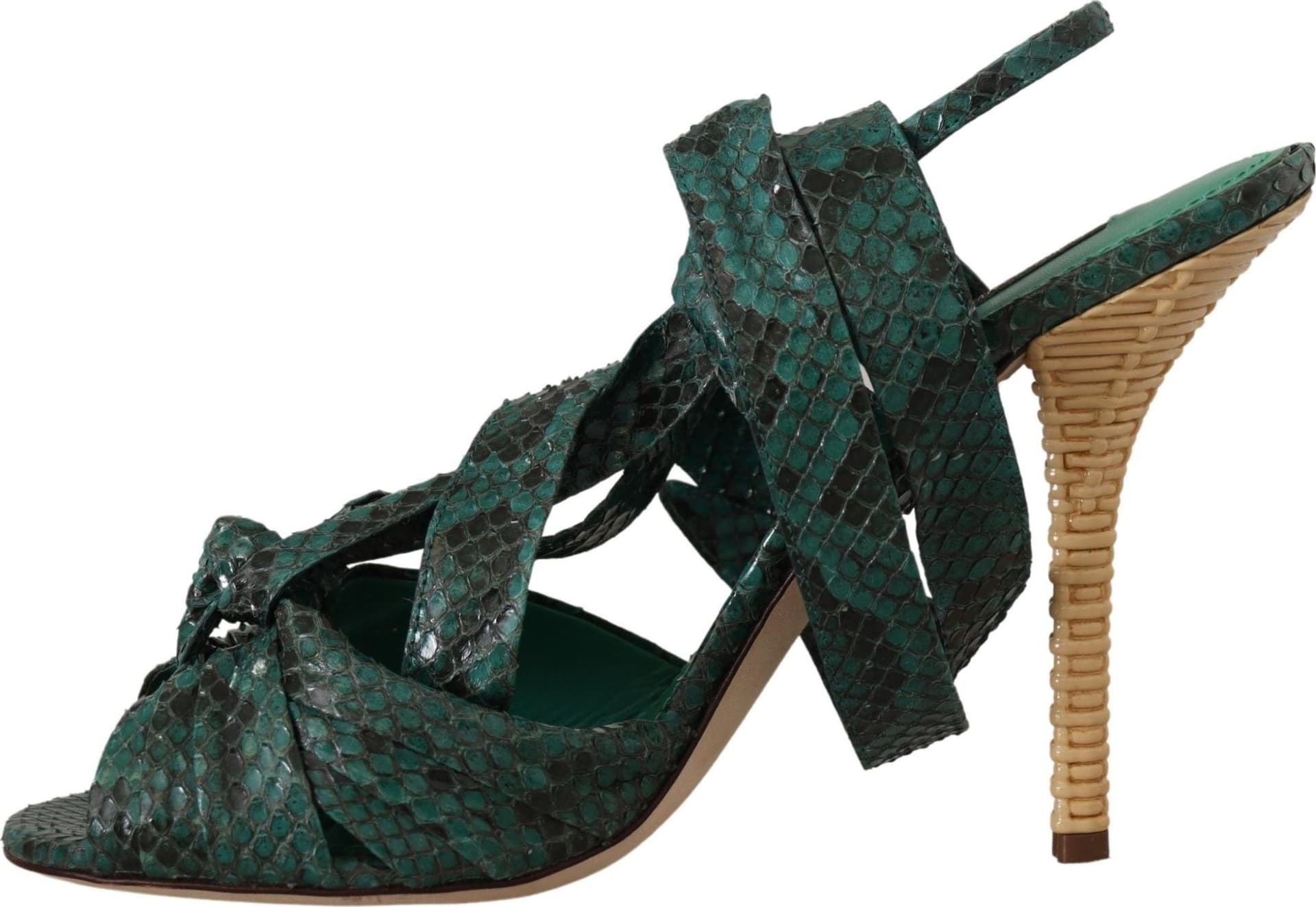 Green Python Strap Sandals Heels Shoes - 6