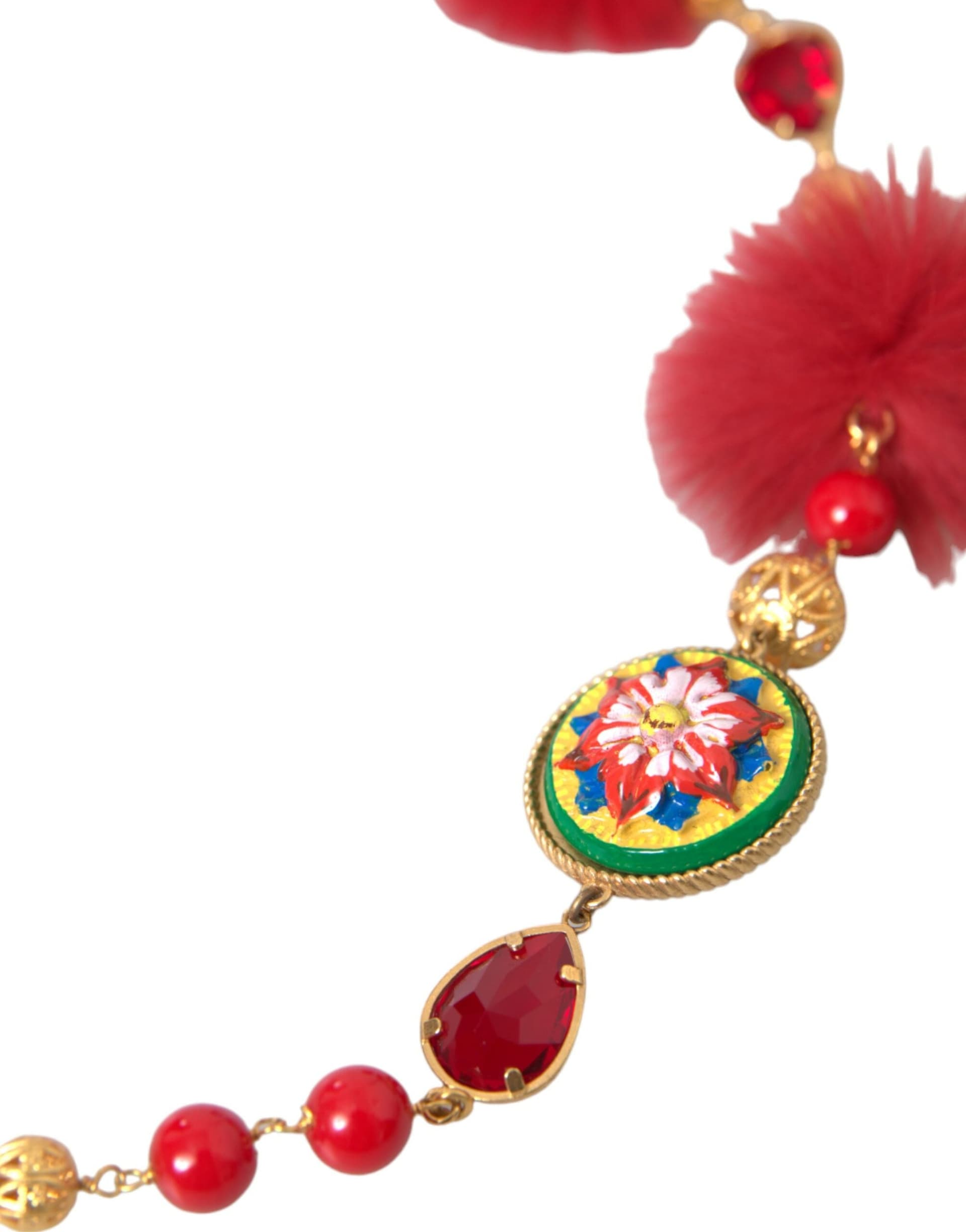 Gold Brass Red Fur Crystal Carretto Chain Necklace - 2