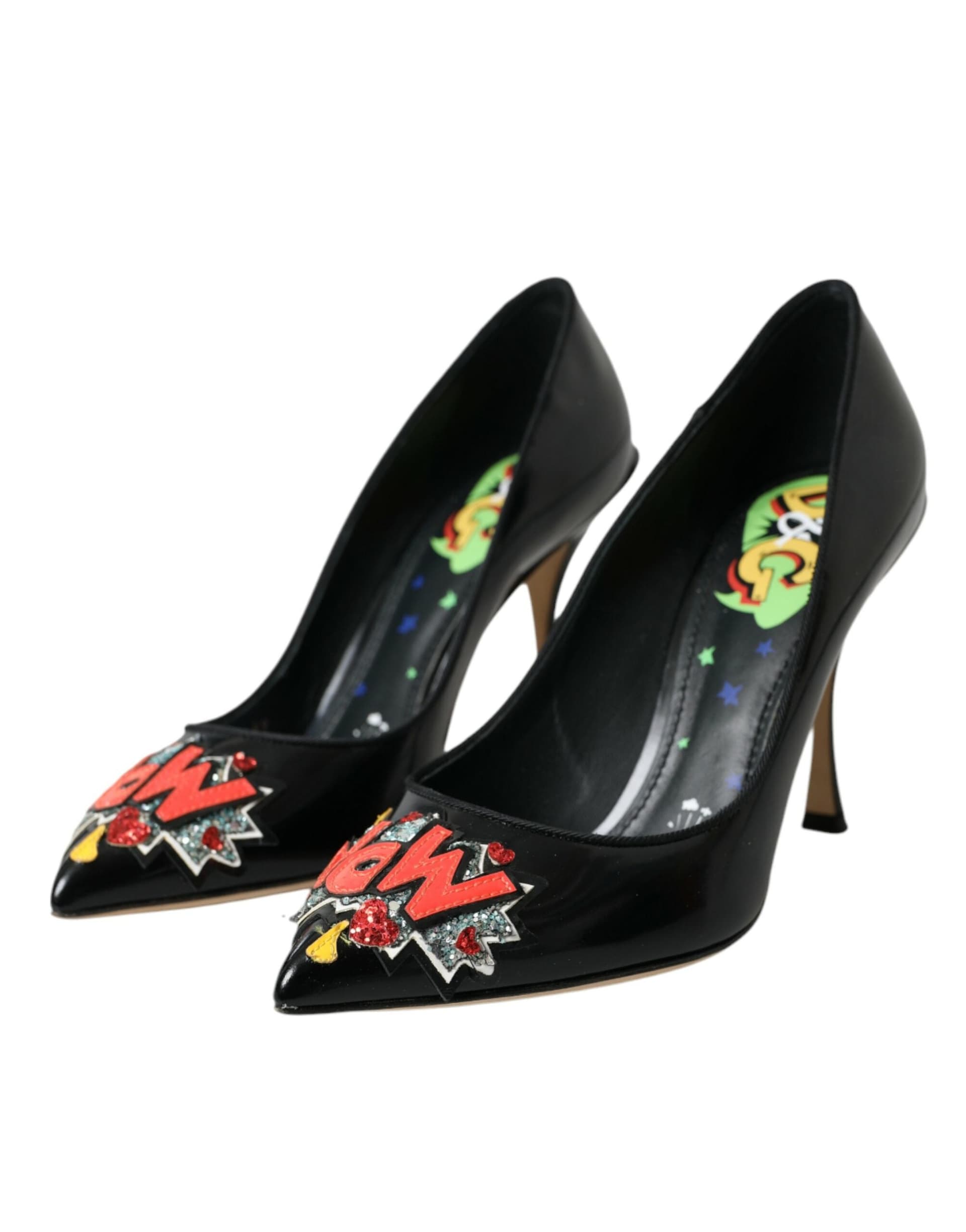 Black Leather WOW Patch Heels Pumps Shoes - 2