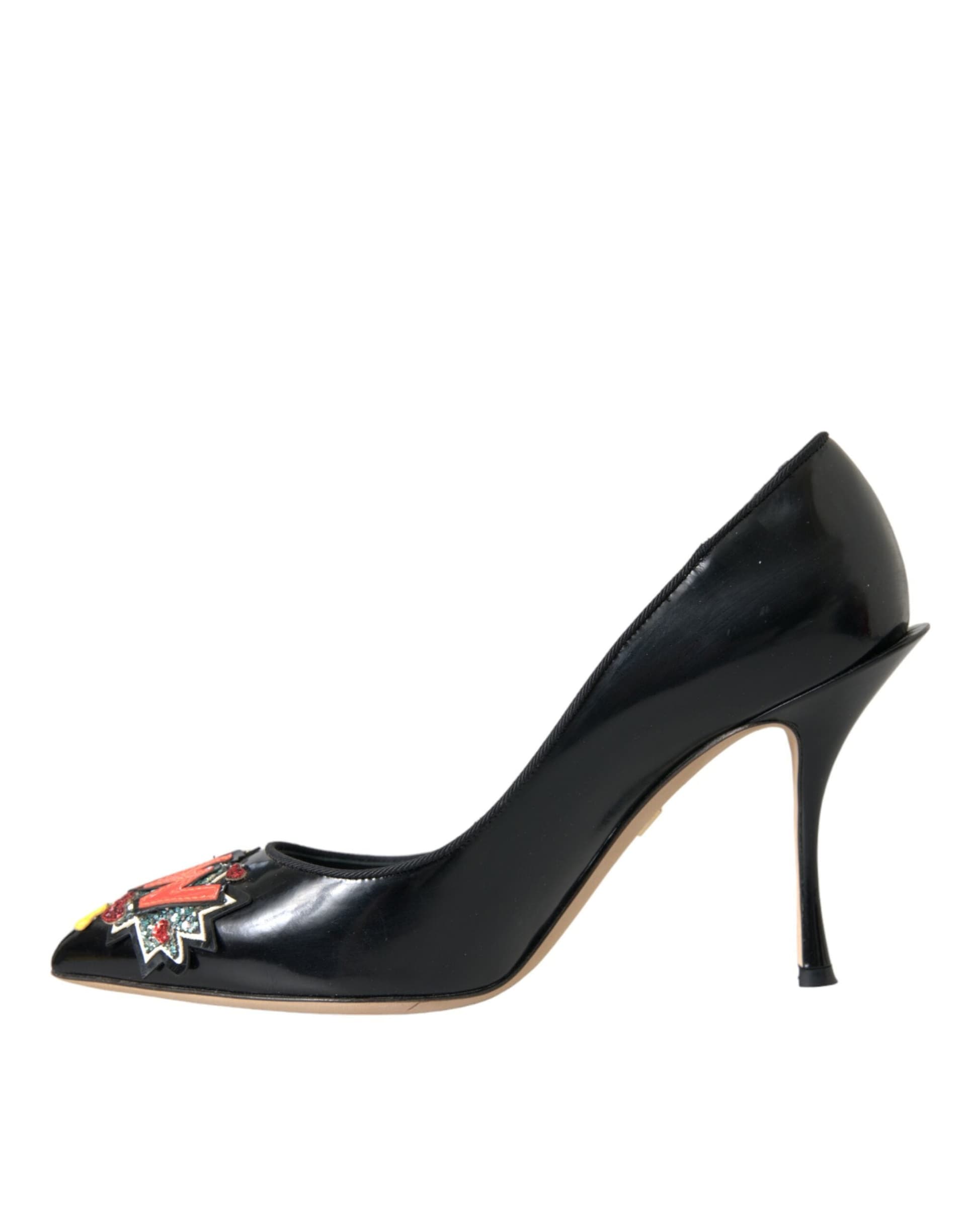 Black Leather WOW Patch Heels Pumps Shoes - 4