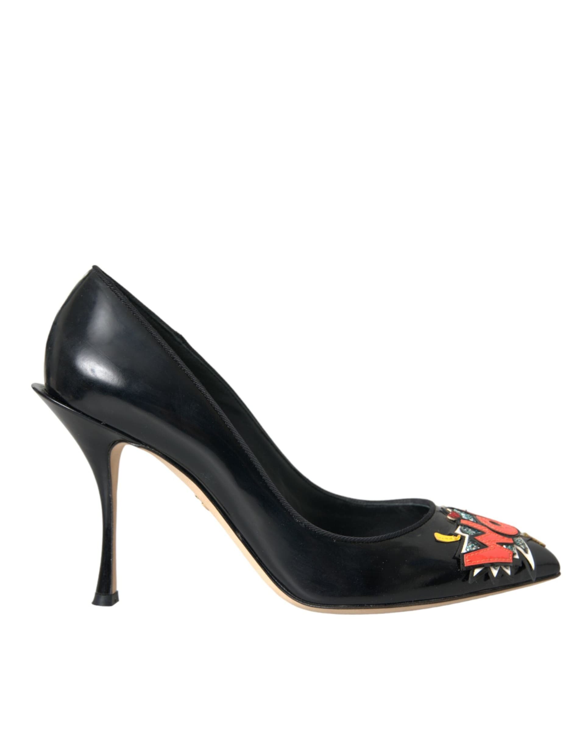 Black Leather WOW Patch Heels Pumps Shoes - 5