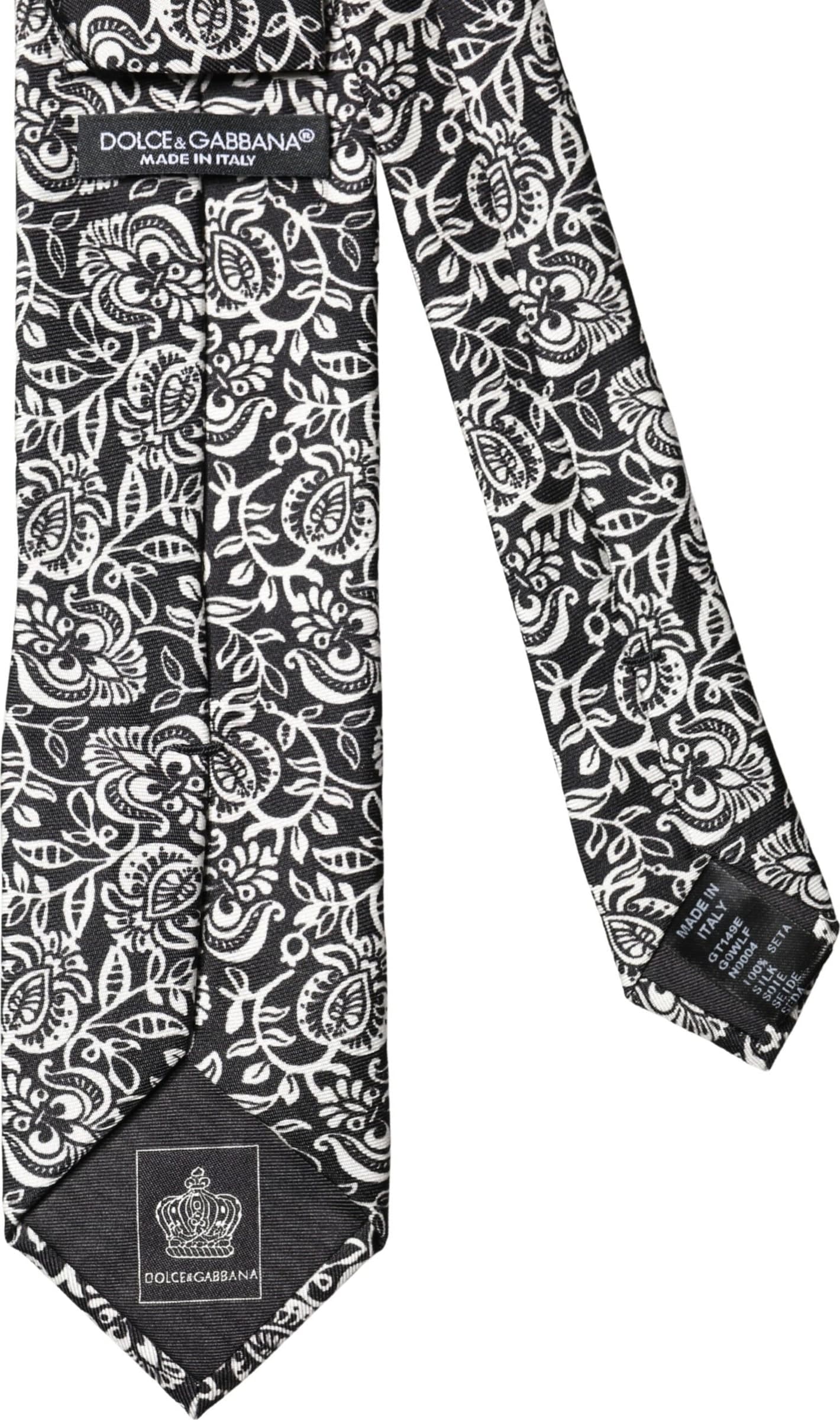 Black White Floral Fantasy Silk Adjustable Necktie Tie - 2