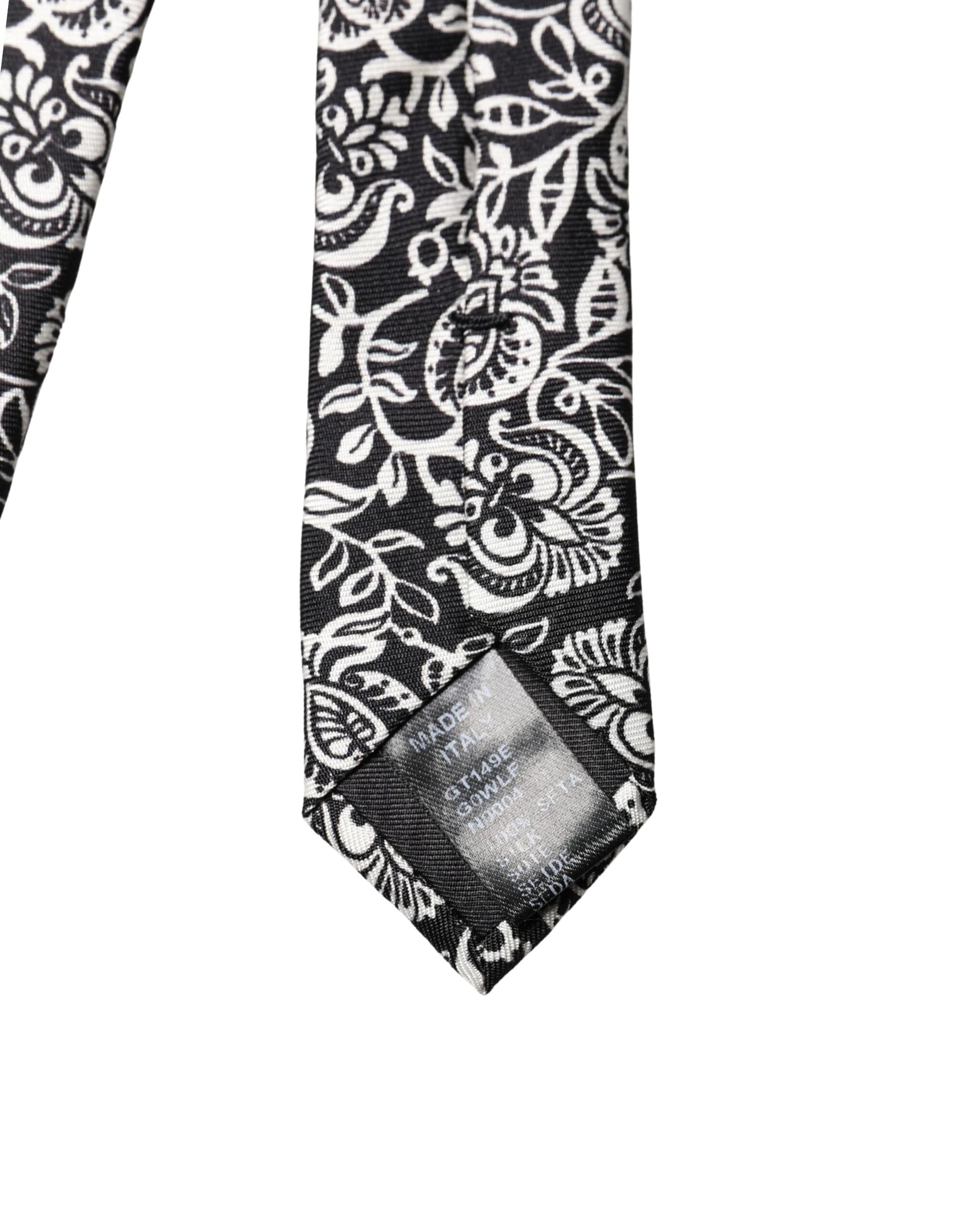 Black White Floral Fantasy Silk Adjustable Necktie Tie - 3