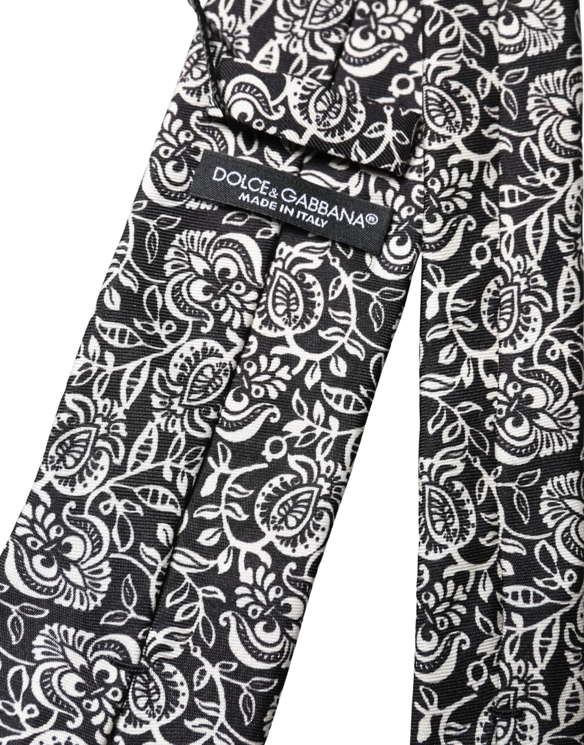 Black White Floral Fantasy Silk Adjustable Necktie Tie - 4