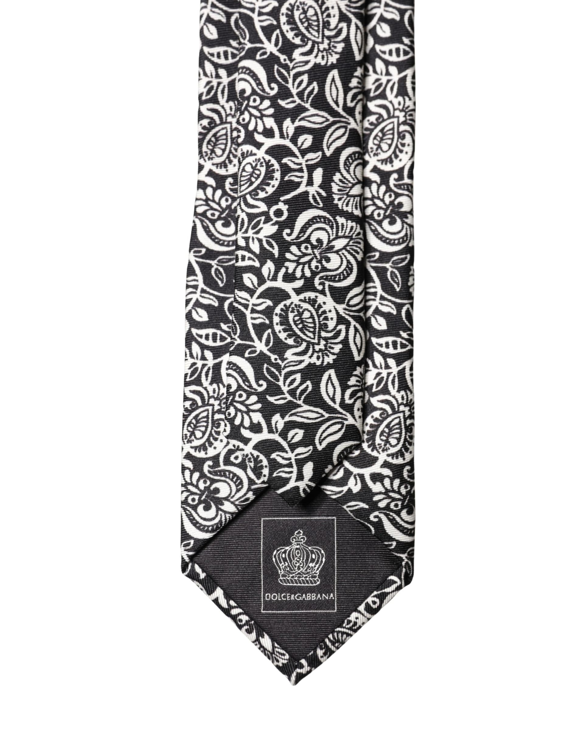 Black White Floral Fantasy Silk Adjustable Necktie Tie - 5