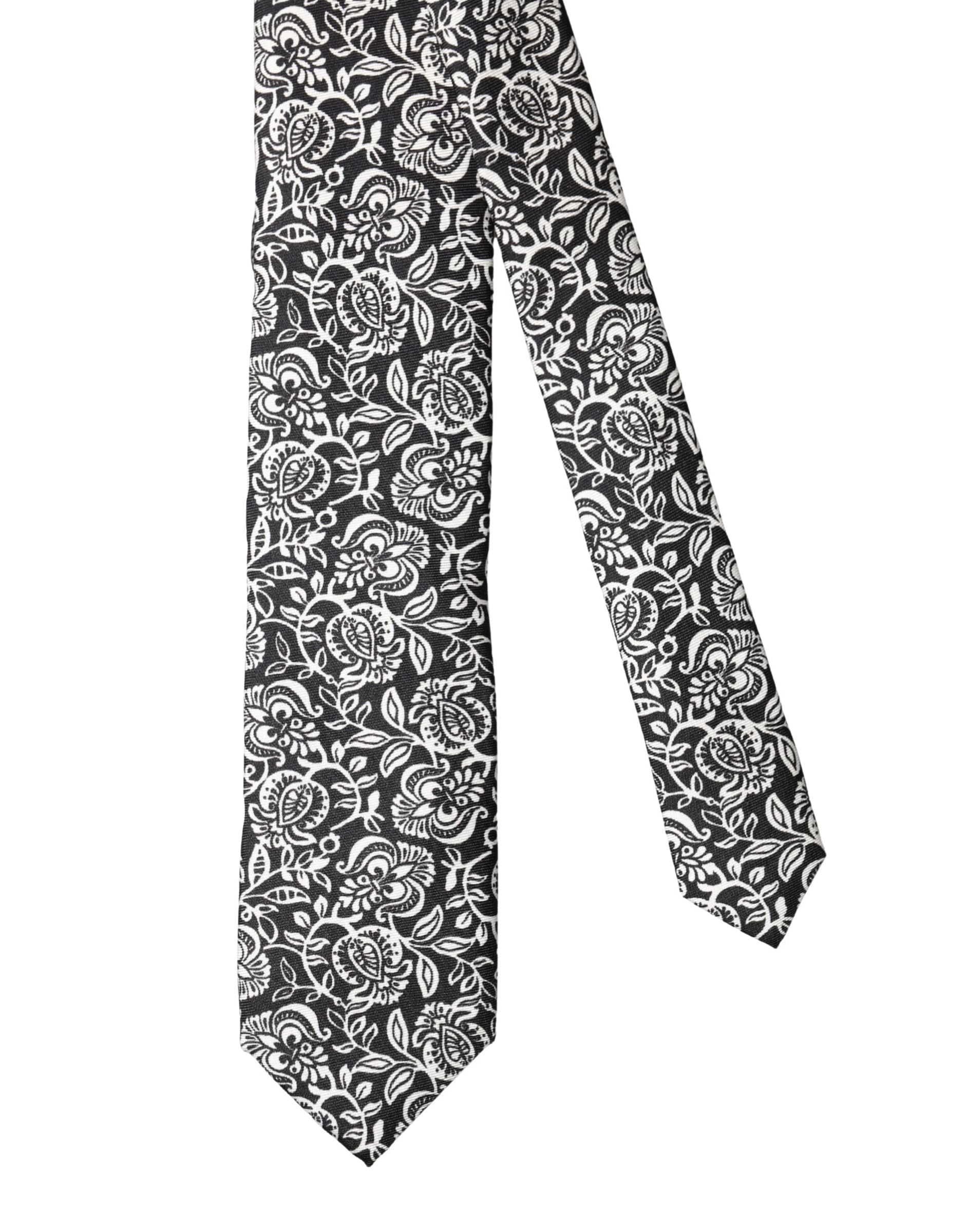 Black White Floral Fantasy Silk Adjustable Necktie Tie - 6