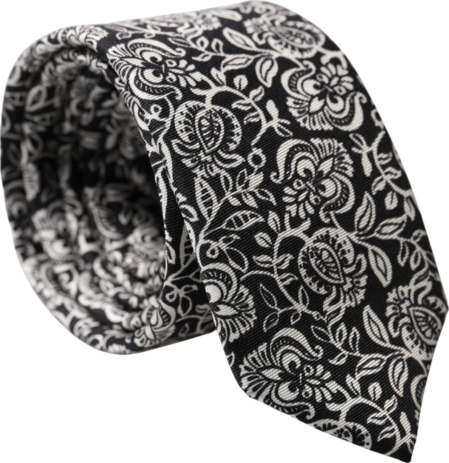 Black White Floral Fantasy Silk Adjustable Necktie Tie - 8