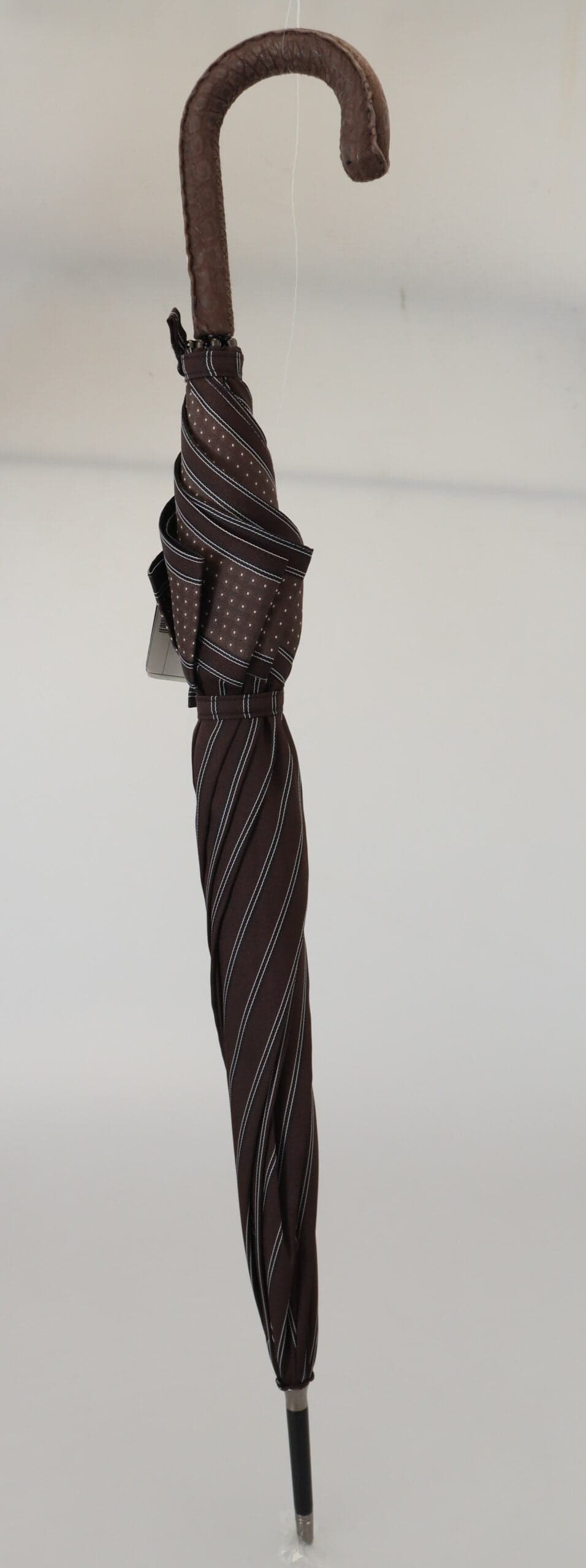 Brown Striped Leather Handle Collapsible Sartoria Umbrella - 4