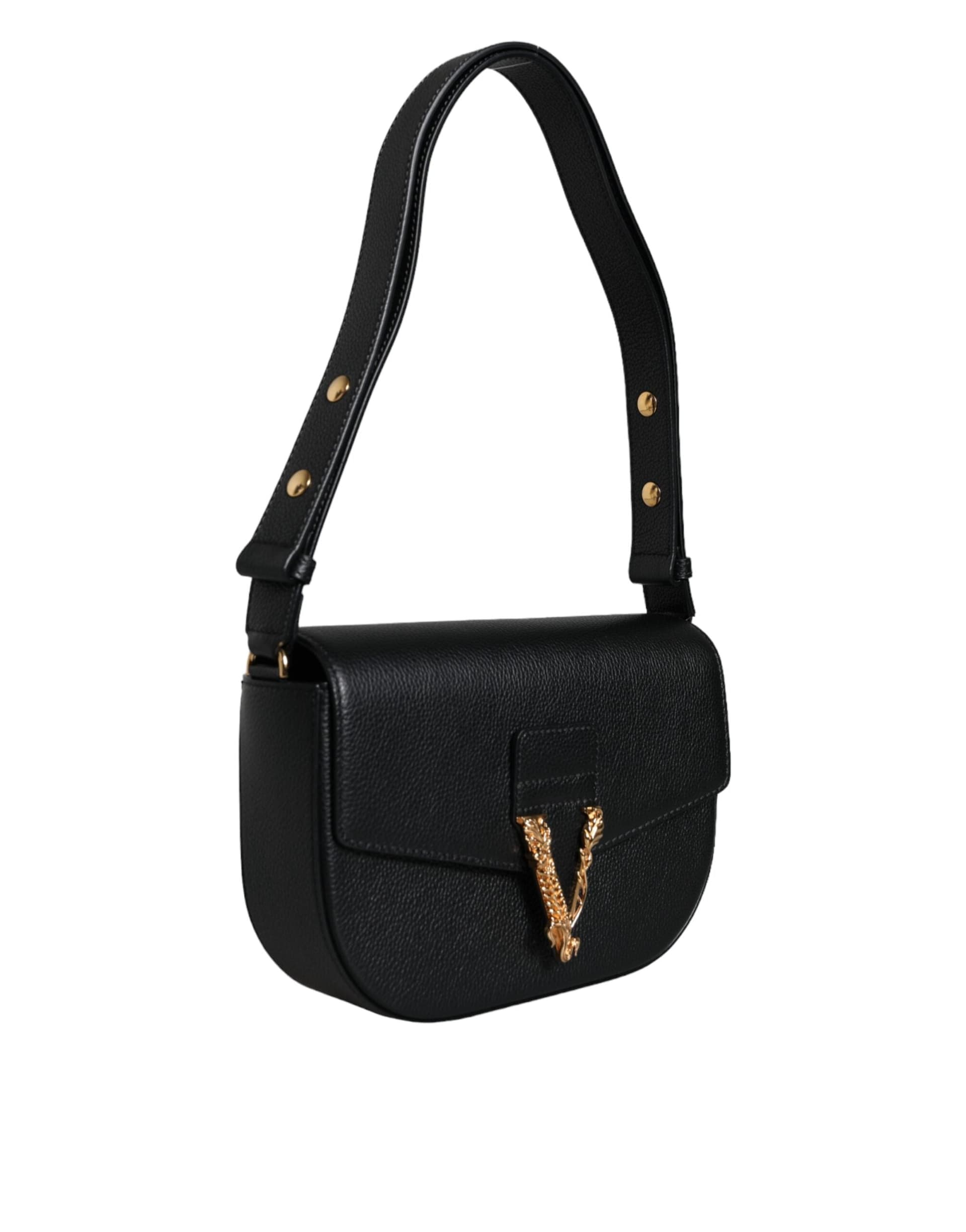 Black Grainy Calf Leather Logo Crossbody Shoulder Bag - 2