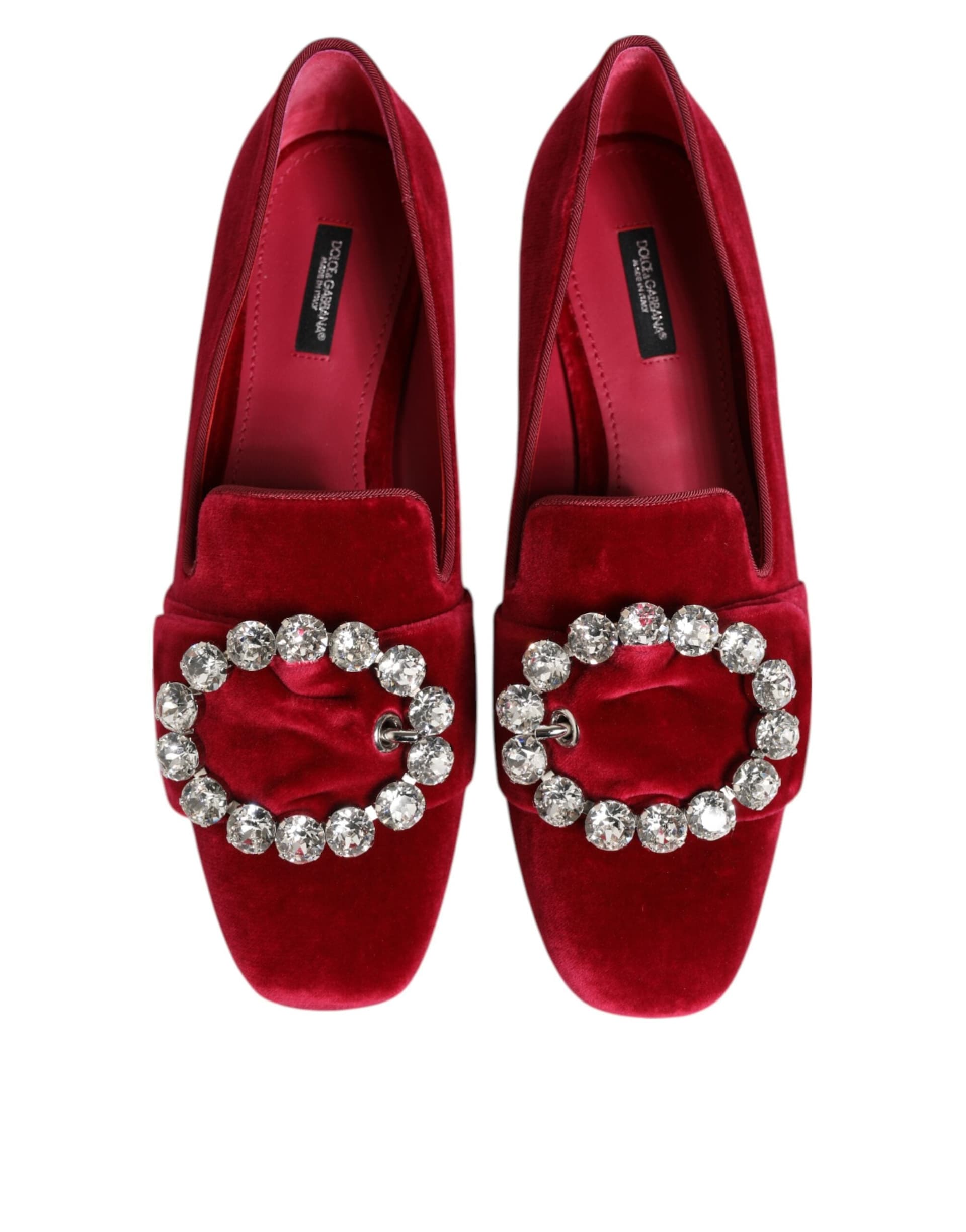 Red Velvet Crystal Buckle Loafers Flats Shoes - 2