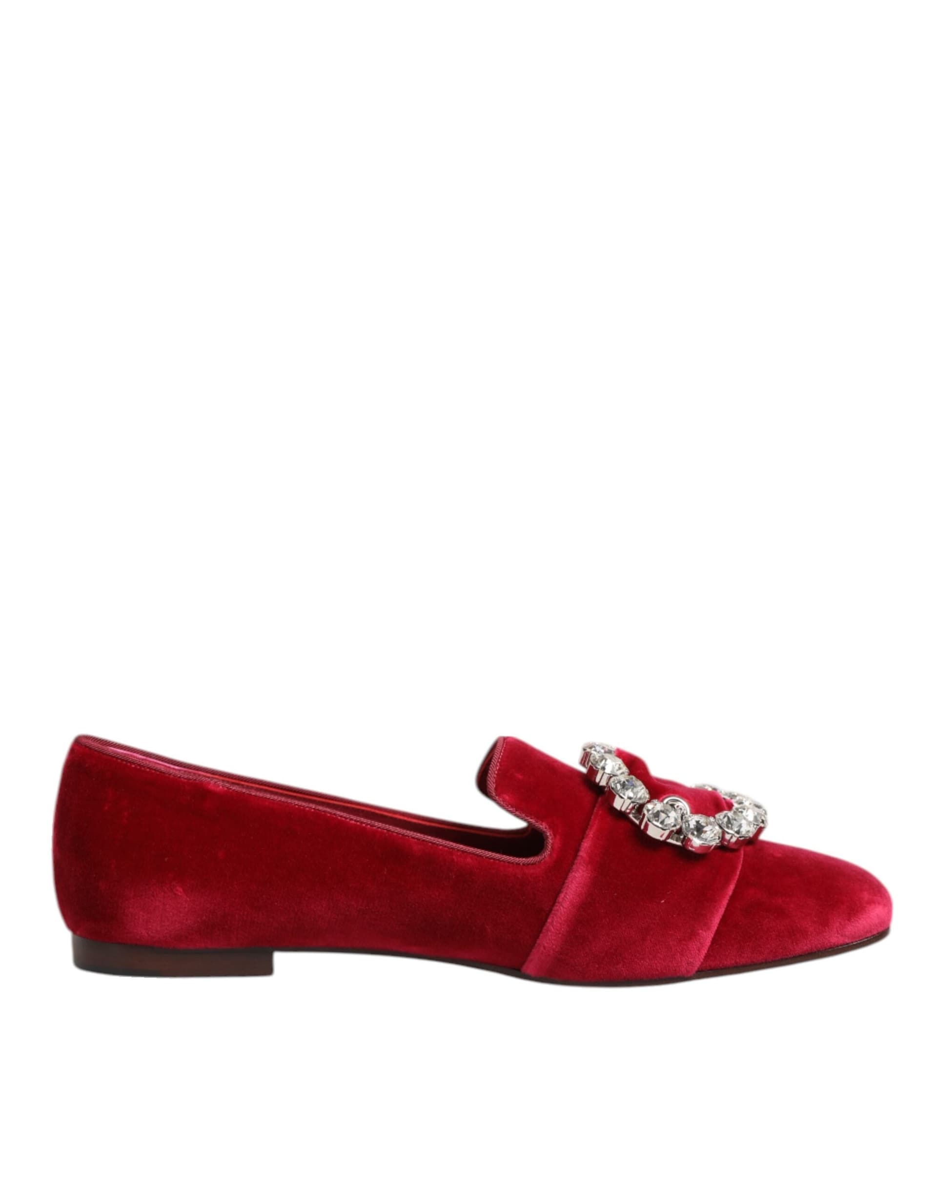 Red Velvet Crystal Buckle Loafers Flats Shoes - 6