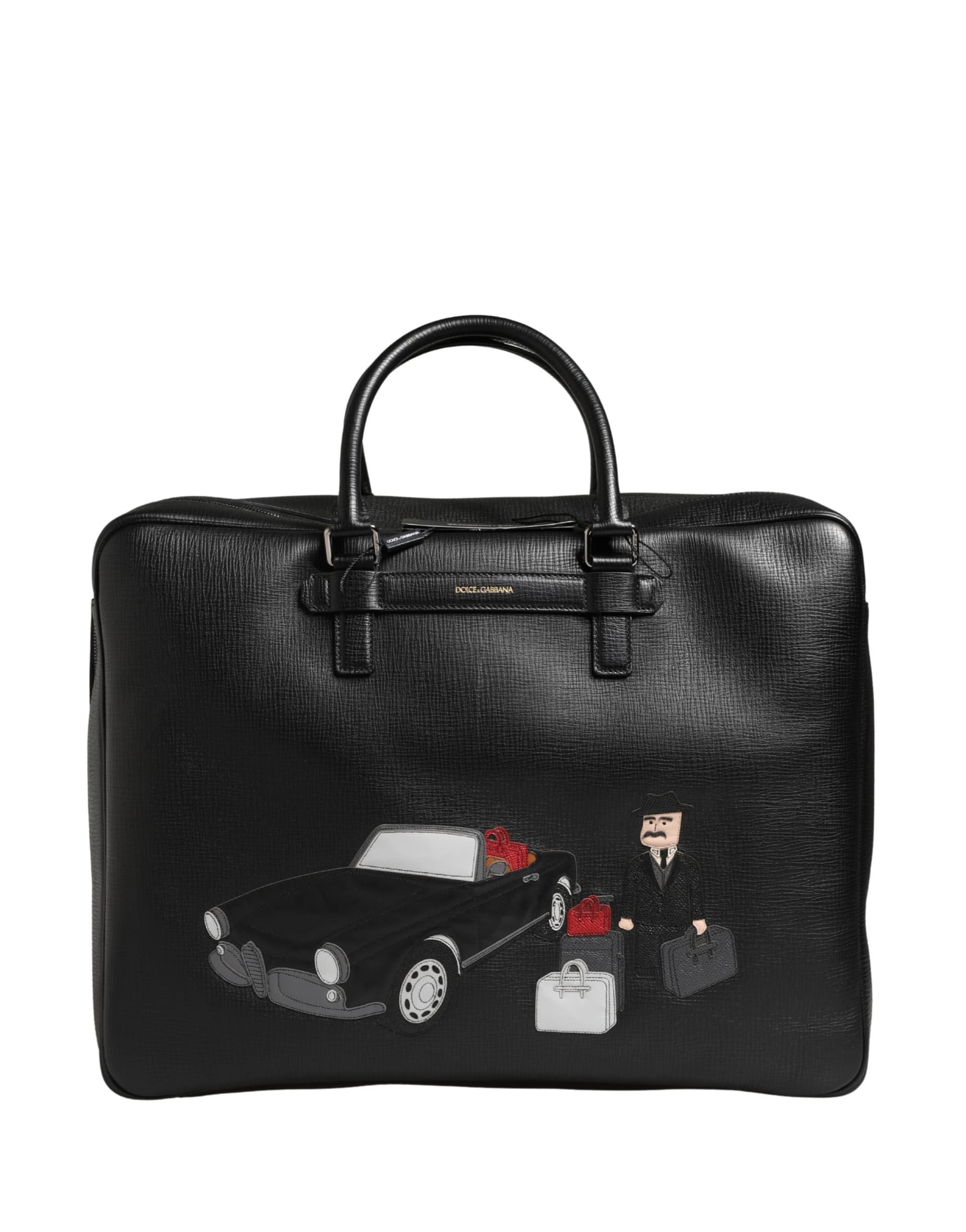 Black Car Man Applique Leather Weekender Borse Bag - 2