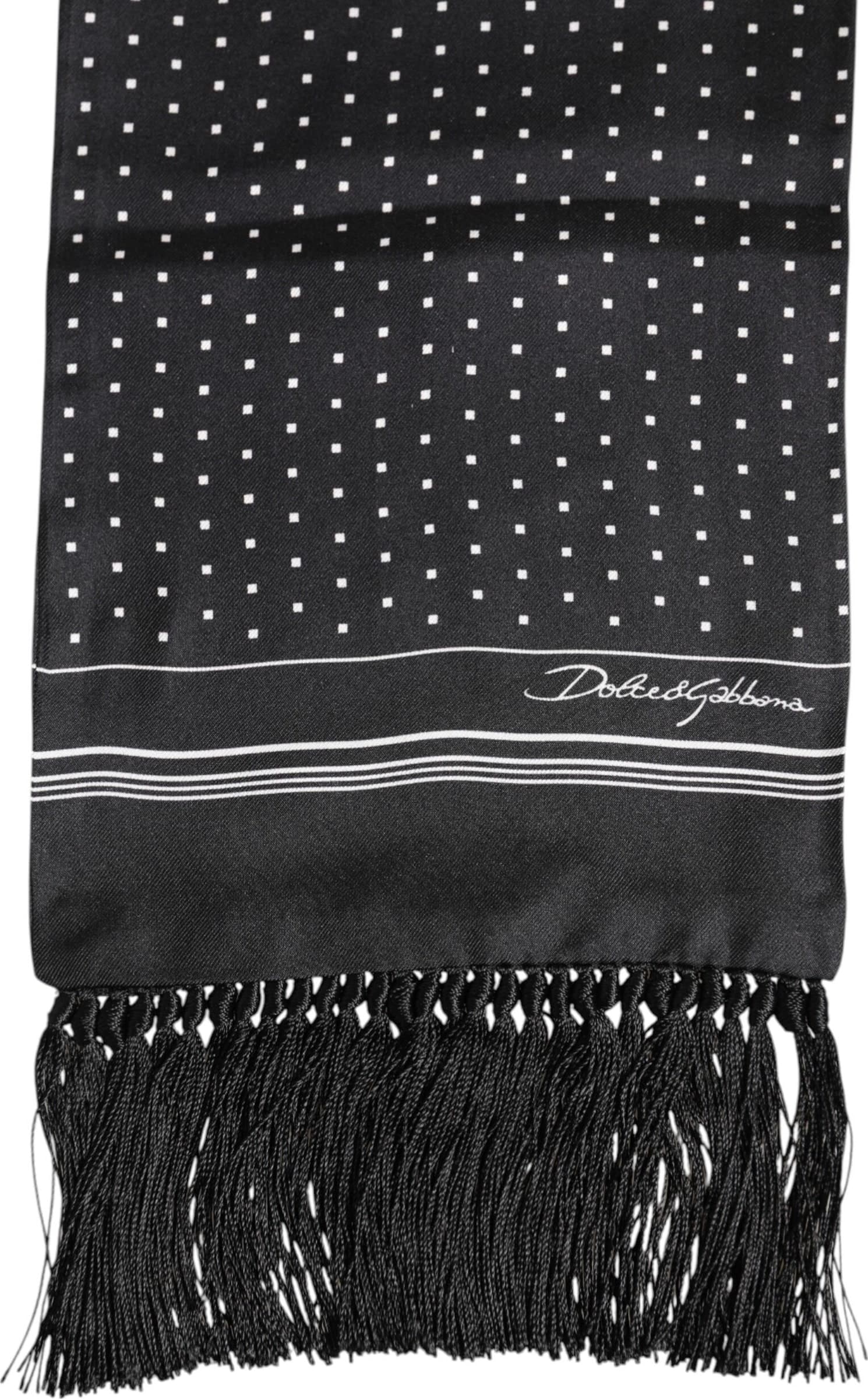 Black White Polka Dot Fringes Foulard Scarf - 2
