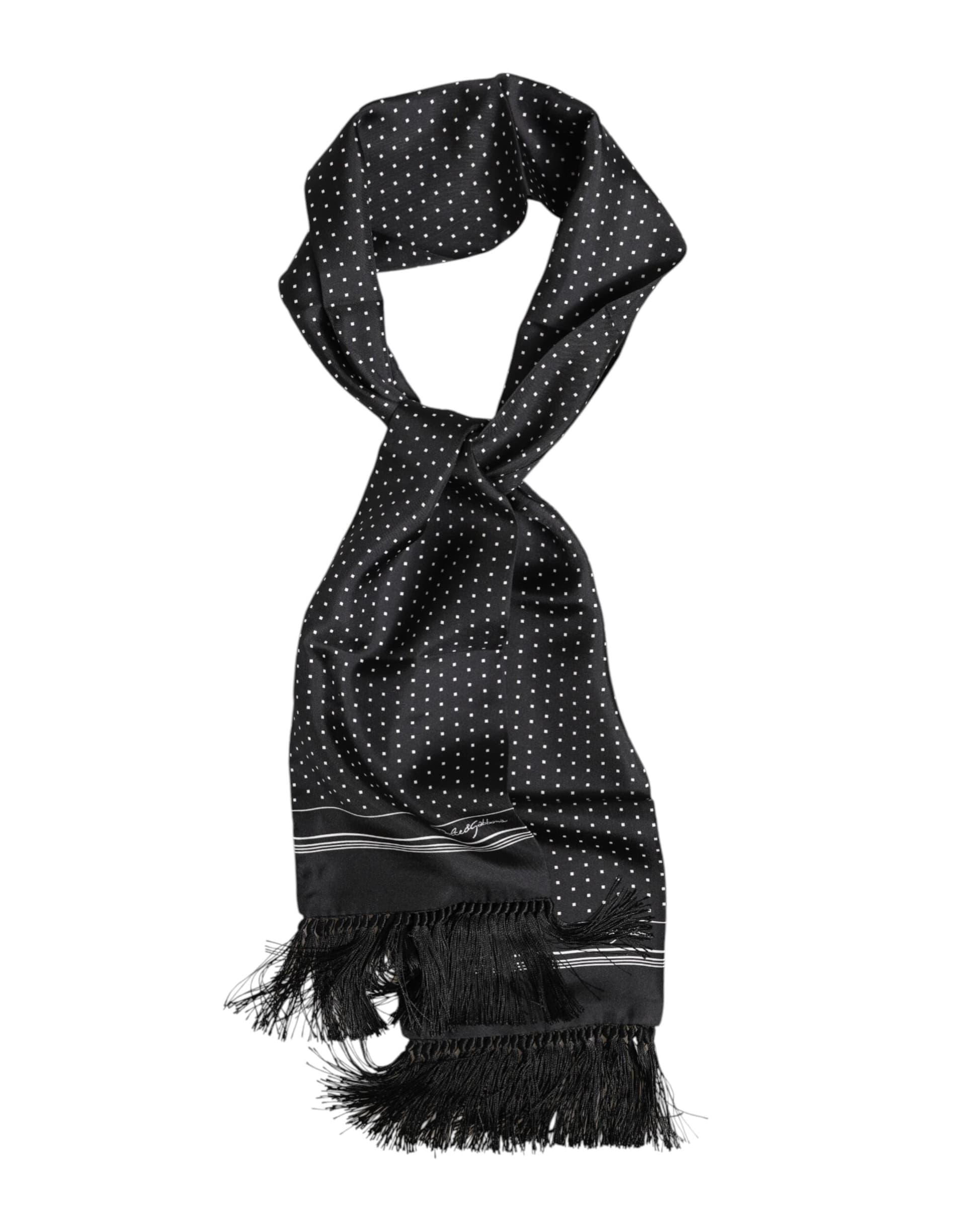 Black White Polka Dot Fringes Foulard Scarf - 4