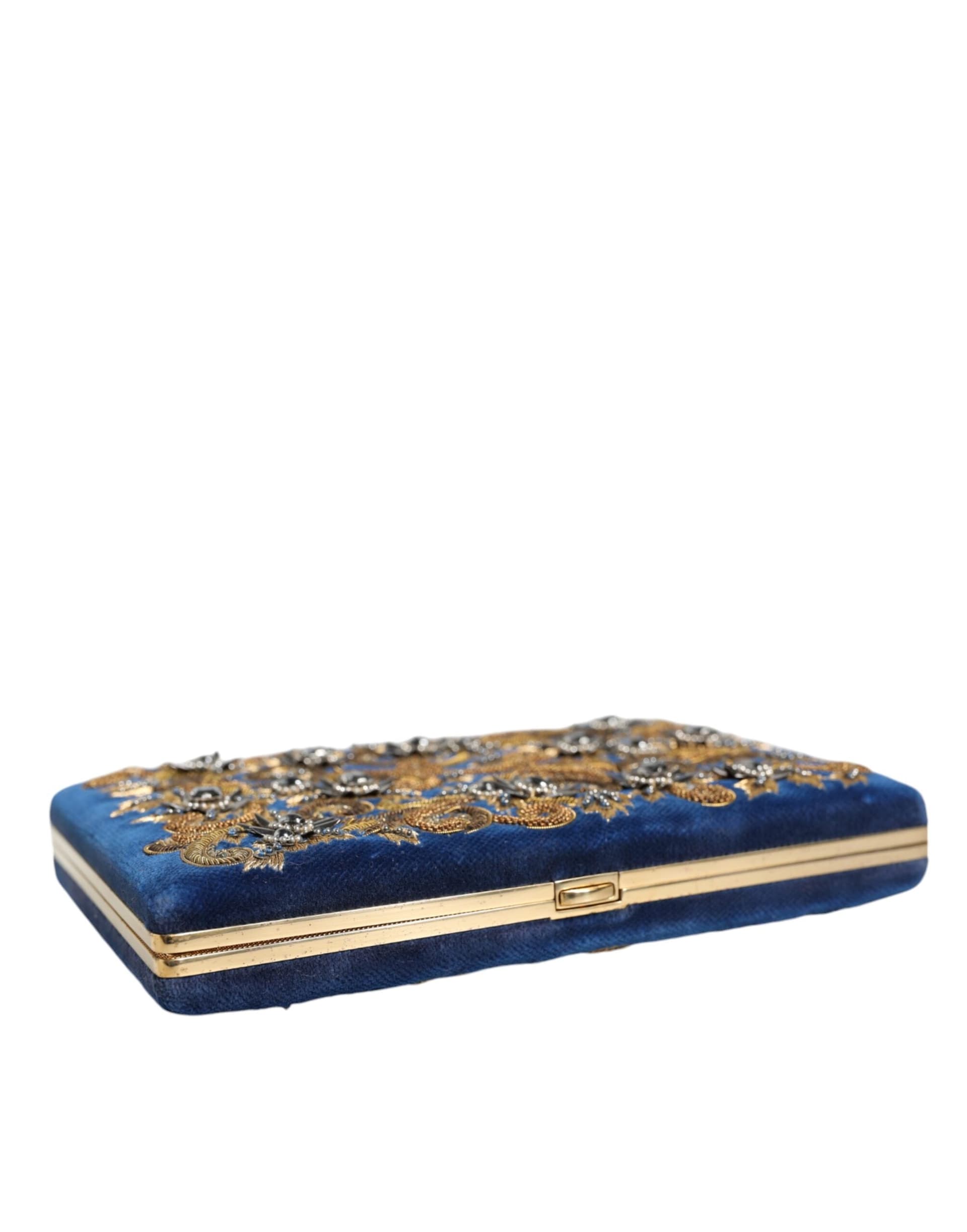 Blue Velvet Gold Frame Clutch Evening Party Purse Bag - 4