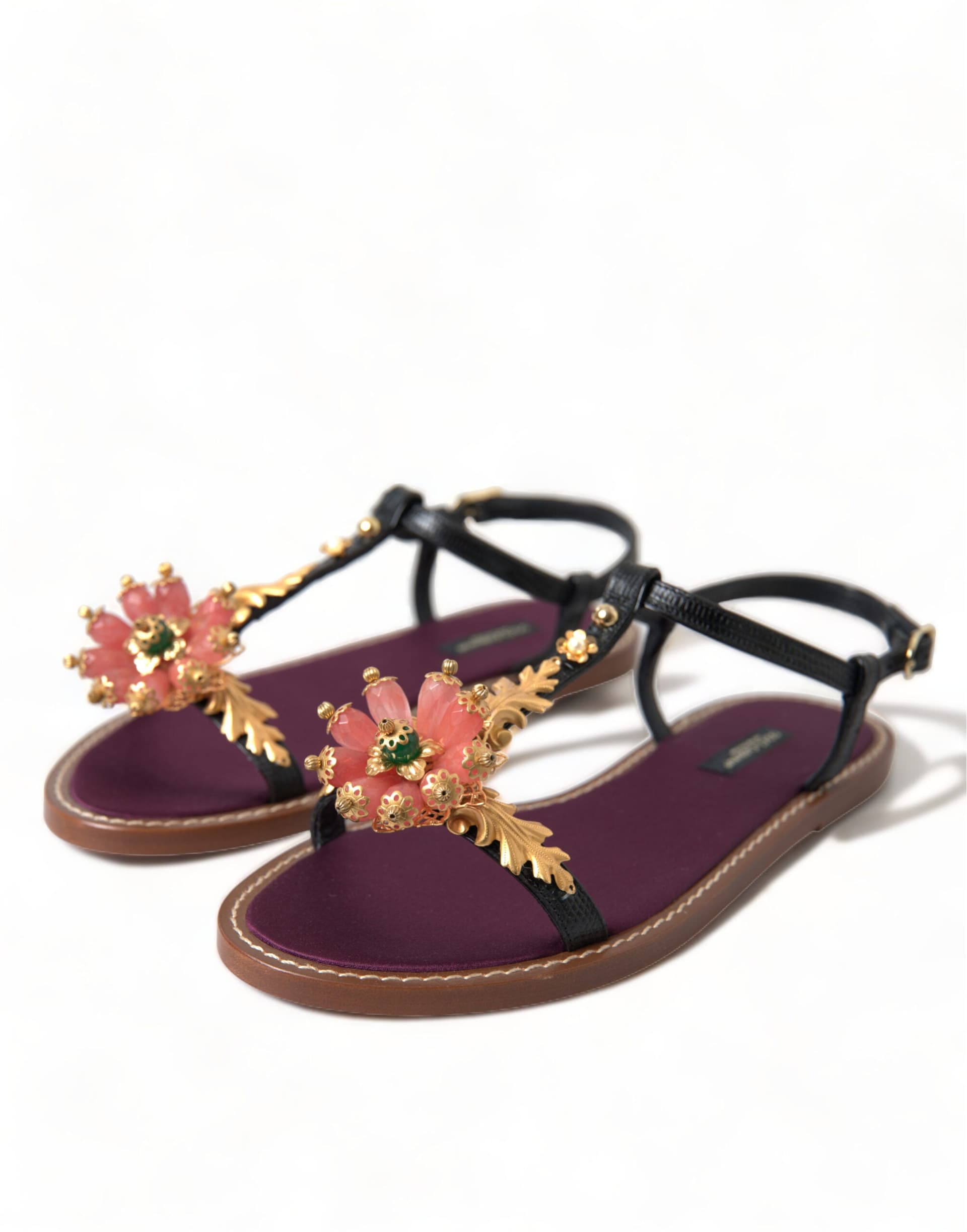 Black Crystal Gold Sandals Leather Shoes - 3