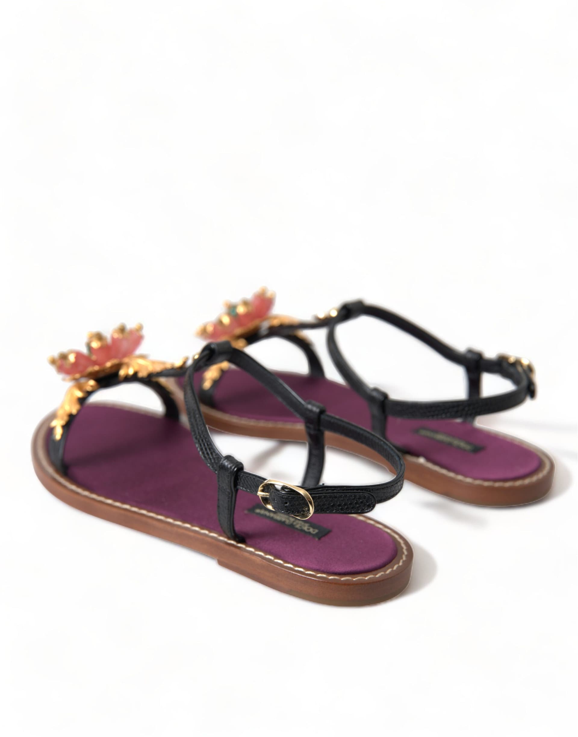 Black Crystal Gold Sandals Leather Shoes - 4
