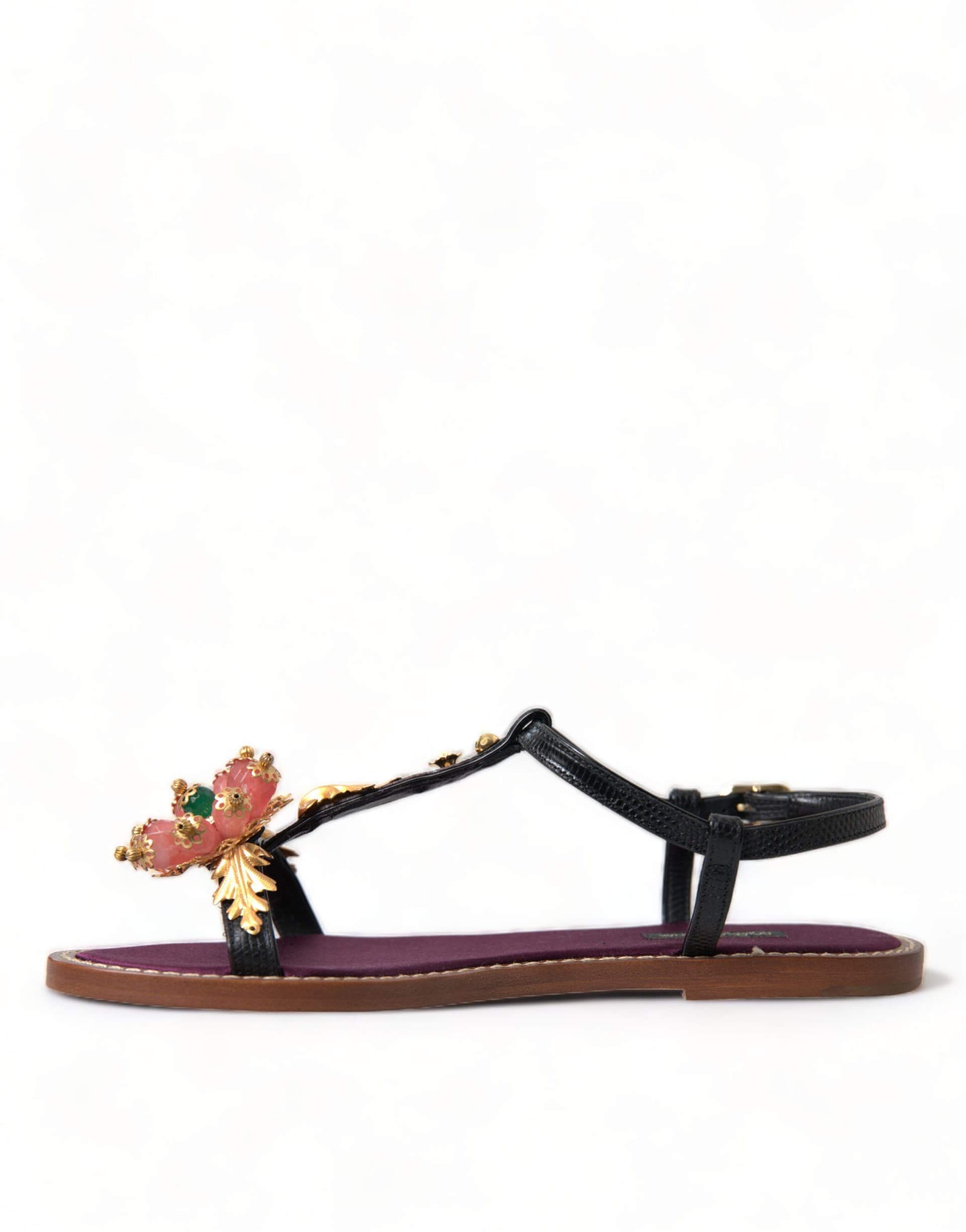 Black Crystal Gold Sandals Leather Shoes - 5