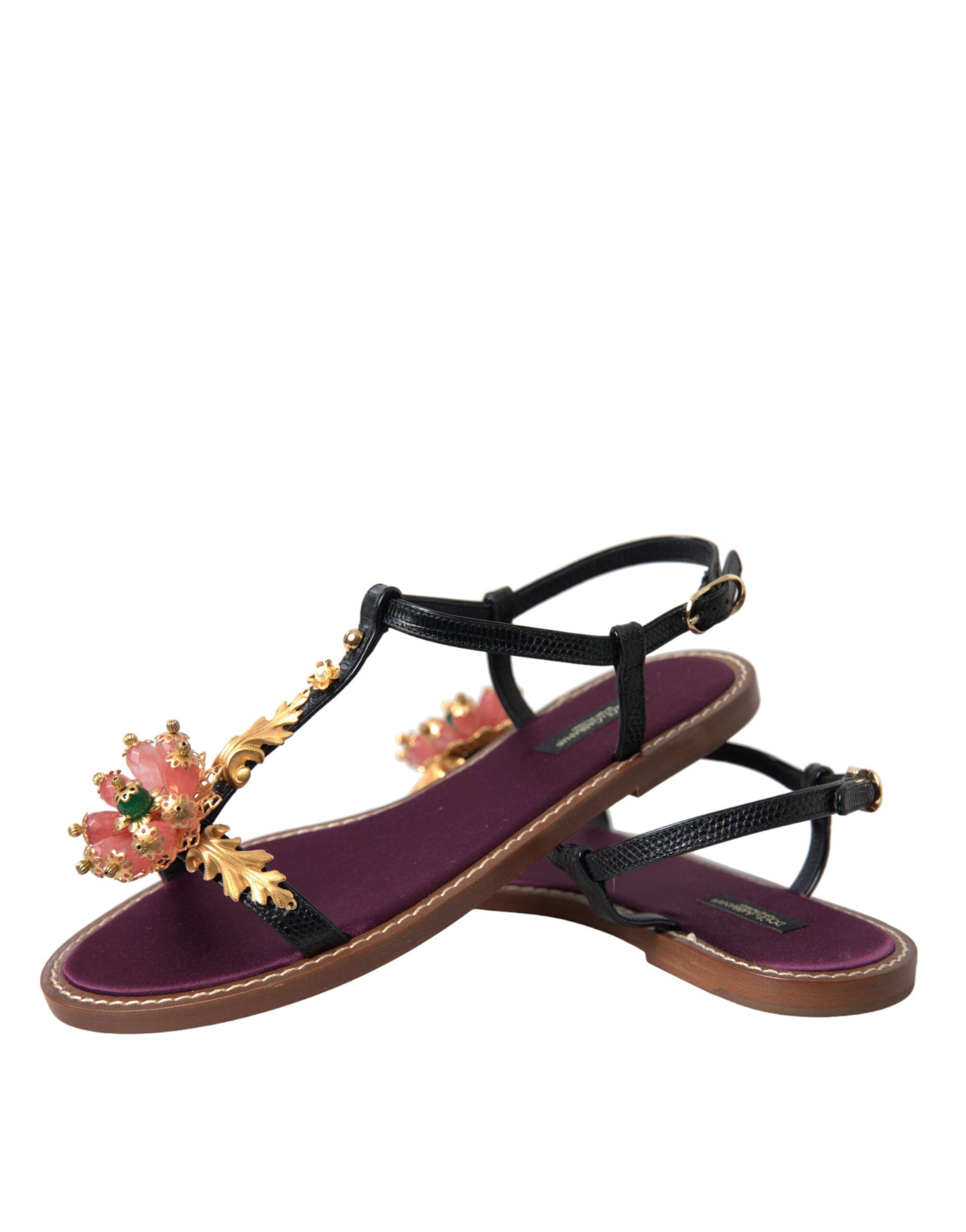 Black Crystal Gold Sandals Leather Shoes - 8