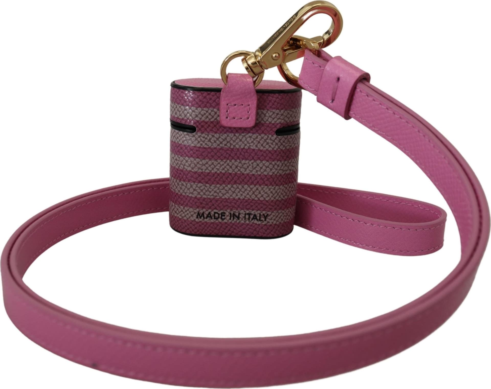 Pink Black Leather Strap Gold Metal Logo Airpods Case - 2