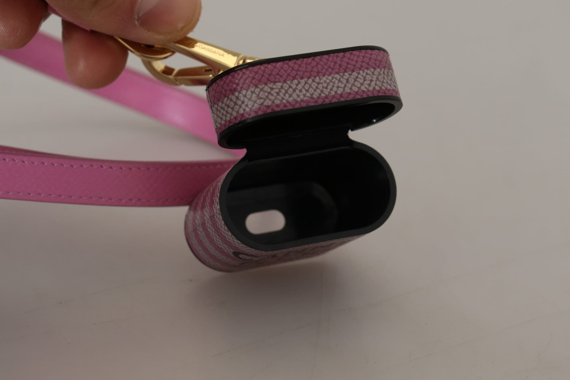 Pink Black Leather Strap Gold Metal Logo Airpods Case - 5