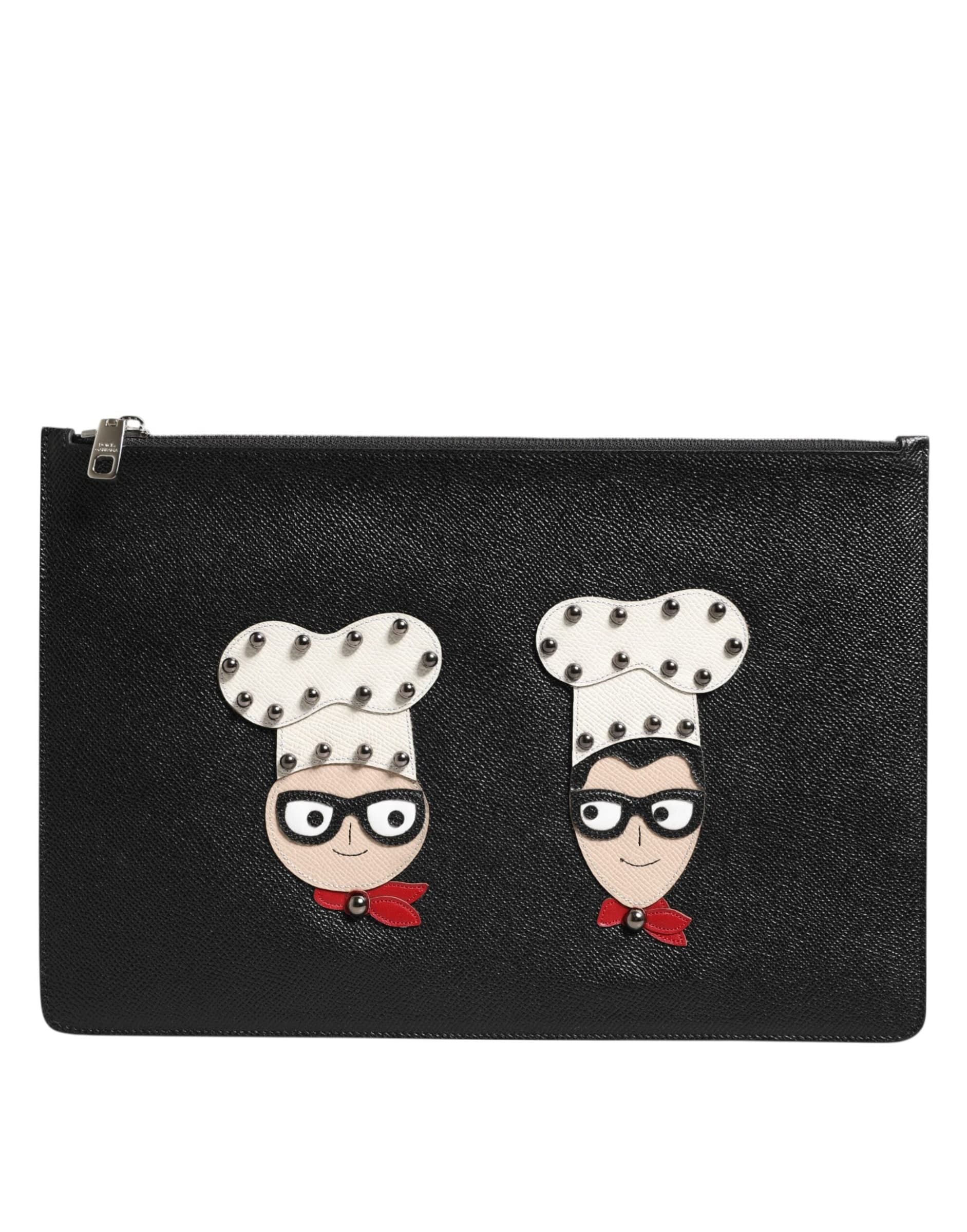 Black Leather #DGFAMILY Embellished Men Clutch Pouch Bag - 2
