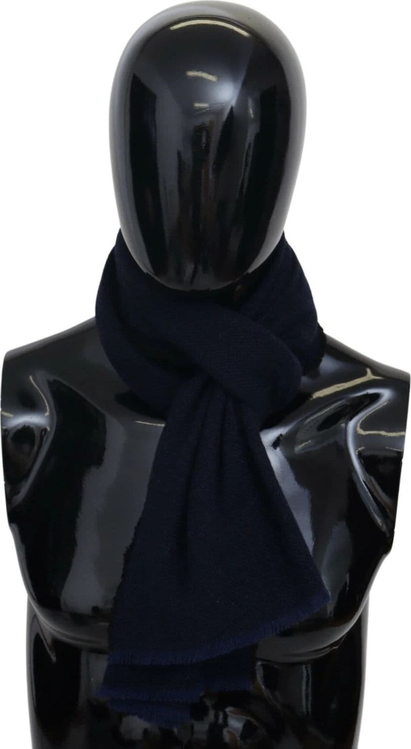 Dark Blue Wool Unisex Neck Wrap Fringes Logo Scarf - 2