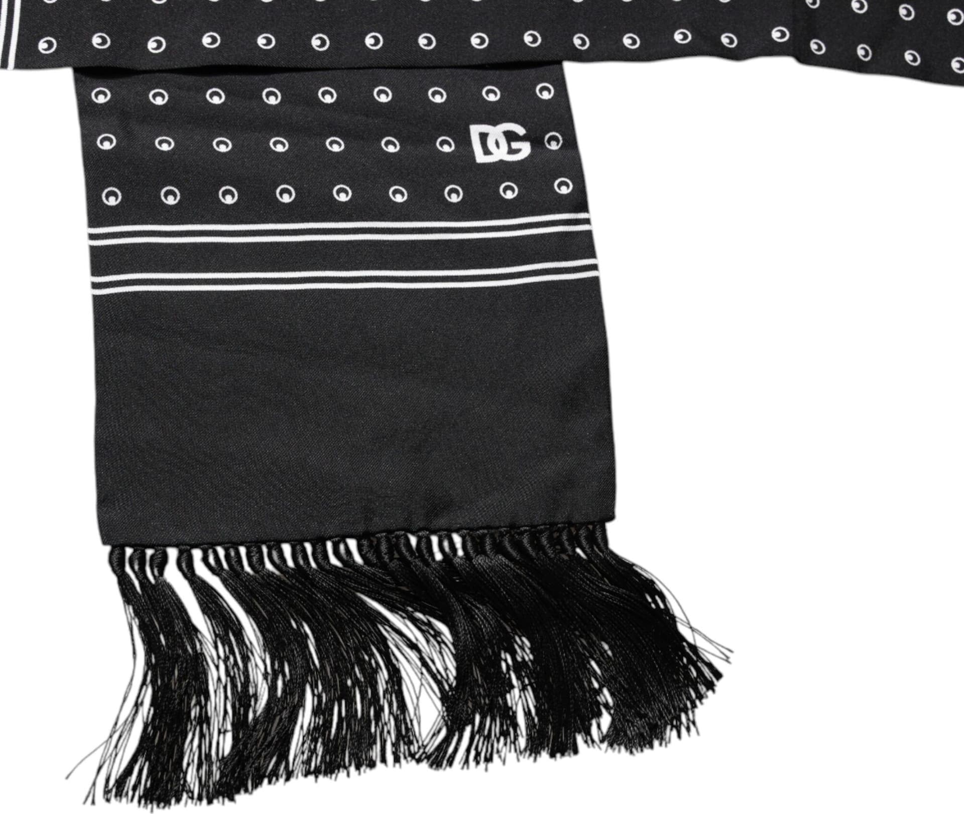 Black White Polka Dotted Silk Skinny Fringes Scarf - 3
