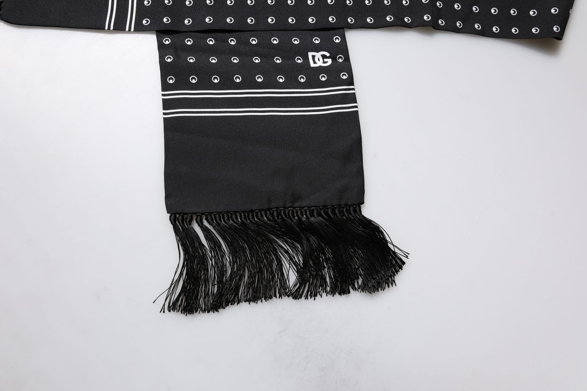 Black White Polka Dotted Silk Skinny Fringes Scarf - 4