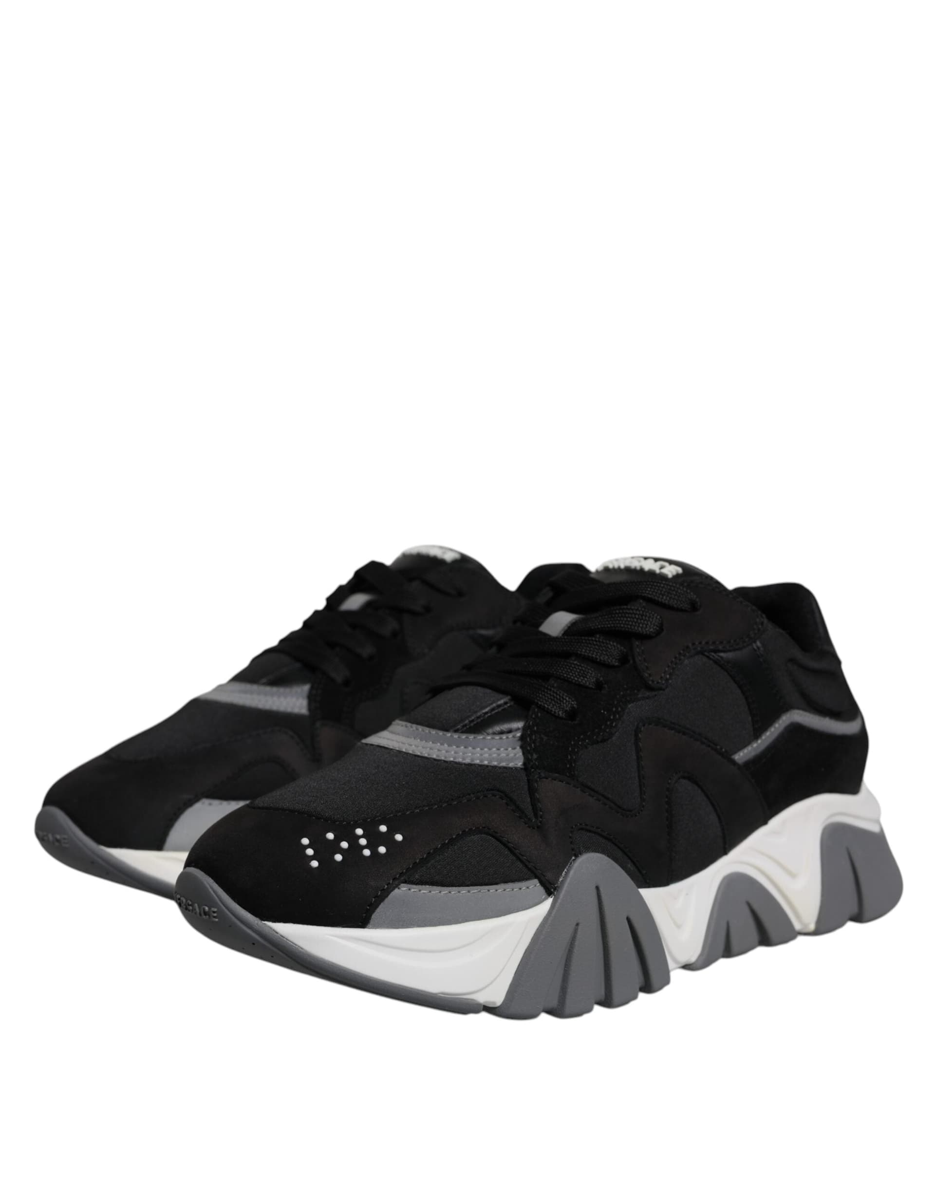 Black Leather Neoprene Chunky Low Top Sneakers Squalo Shoes - 2