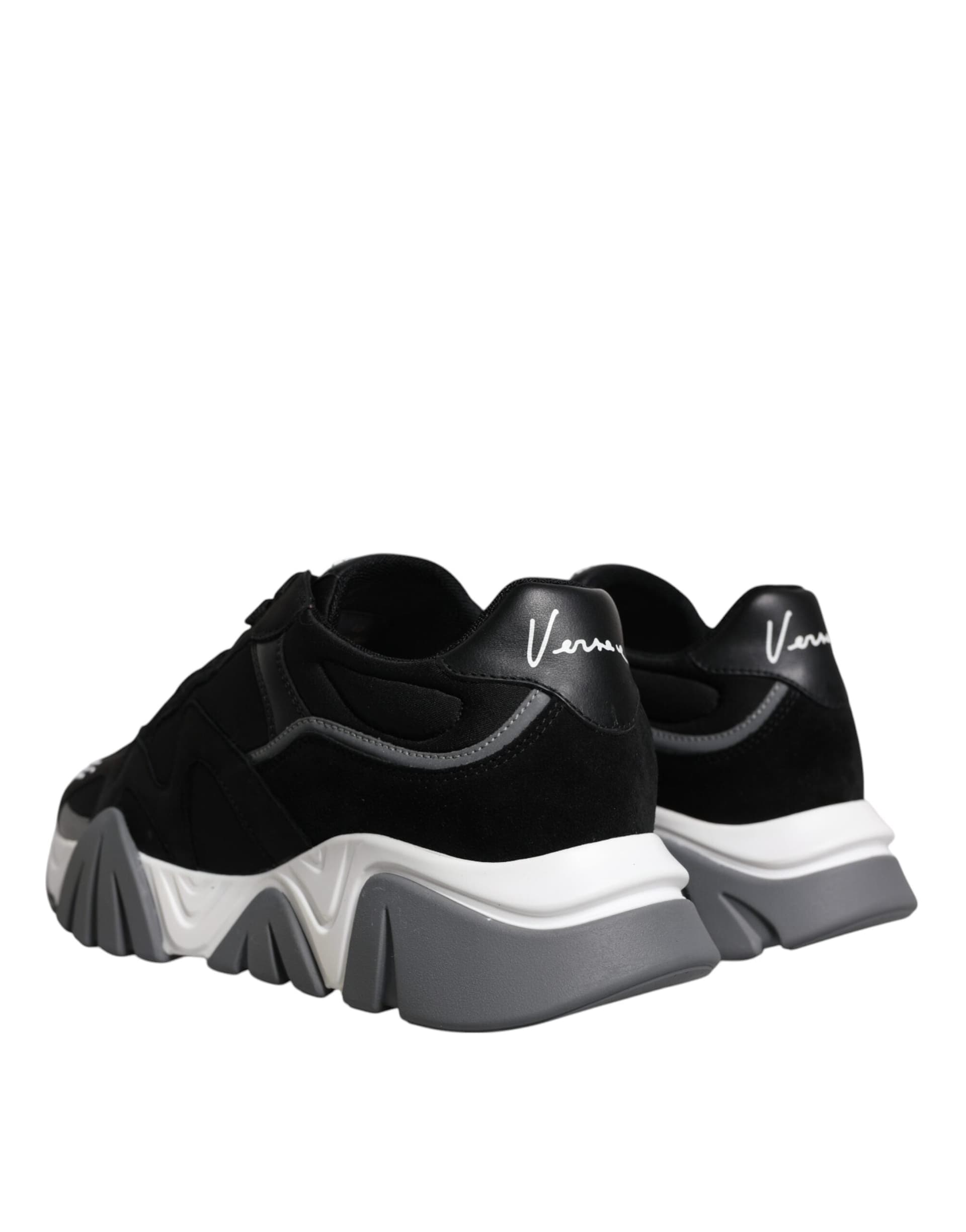 Black Leather Neoprene Chunky Low Top Sneakers Squalo Shoes - 3