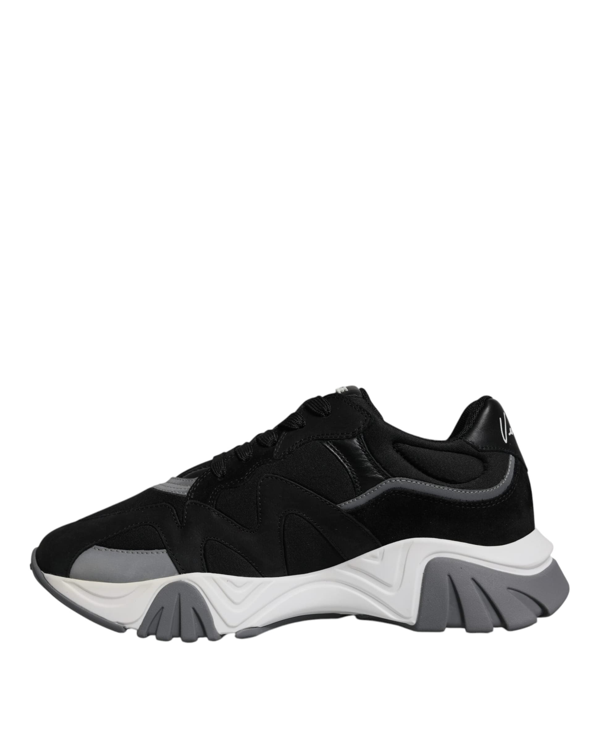 Black Leather Neoprene Chunky Low Top Sneakers Squalo Shoes - 4