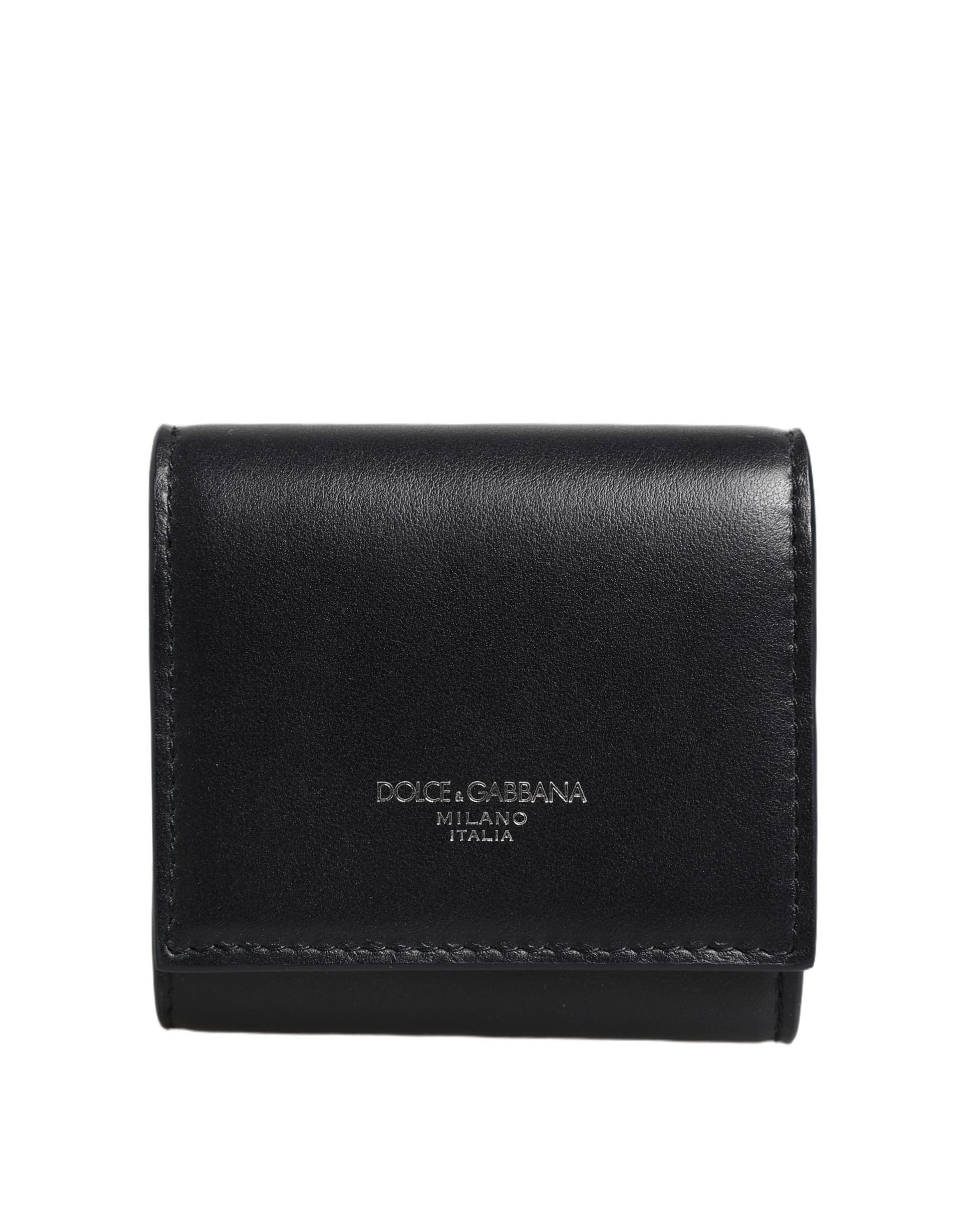Black Calfskin Leather Logo Print Bifold CoinPurse Wallet - 3