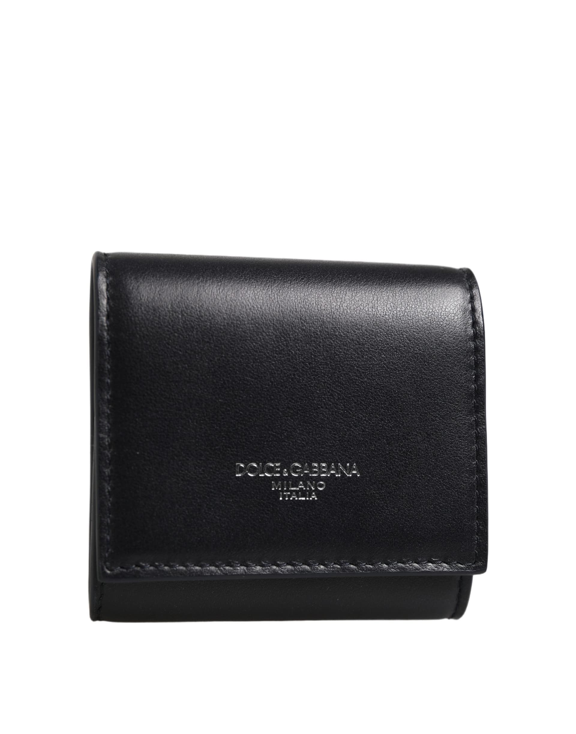 Black Calfskin Leather Logo Print Bifold CoinPurse Wallet - 4
