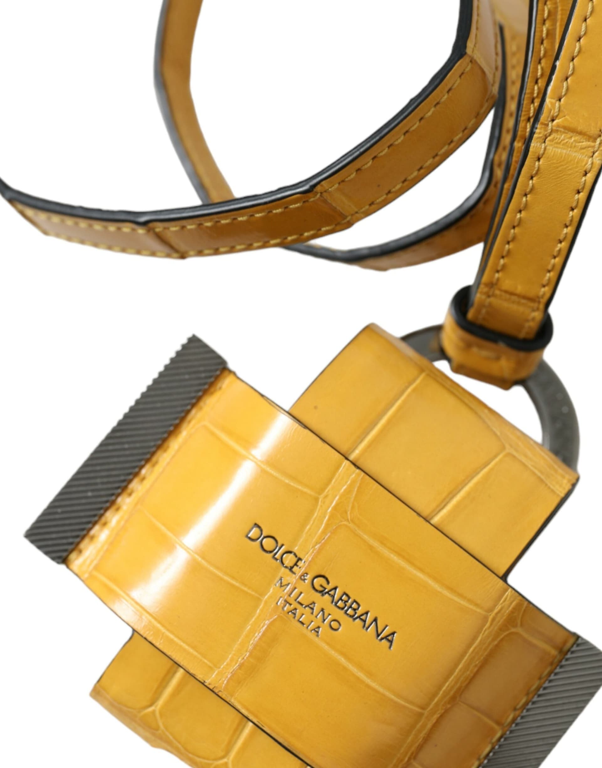 Yellow Crocodile Leather Logo Print Lanyard Keychain - 2