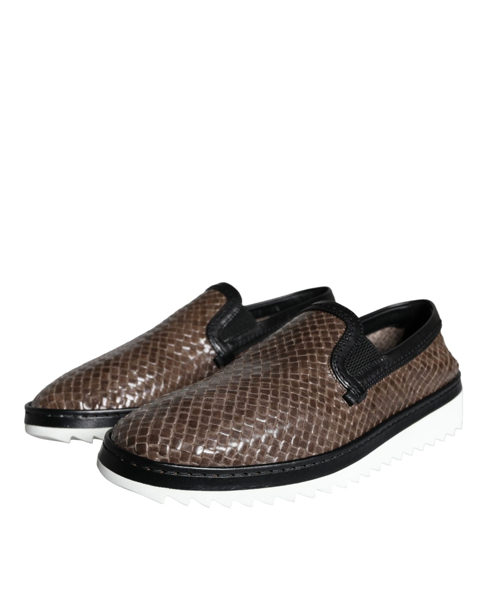 Brown Black Leather Weaved Men Loafers Shoes - 2
