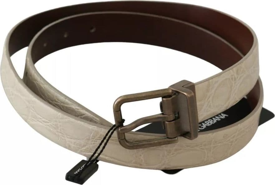 Cream Beige Gold Buckle Waist Leather Belt - 2