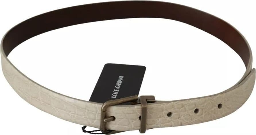Cream Beige Gold Buckle Waist Leather Belt - 3
