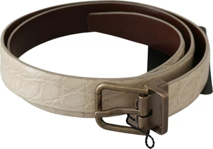 Cream Beige Gold Buckle Waist Leather Belt - 5