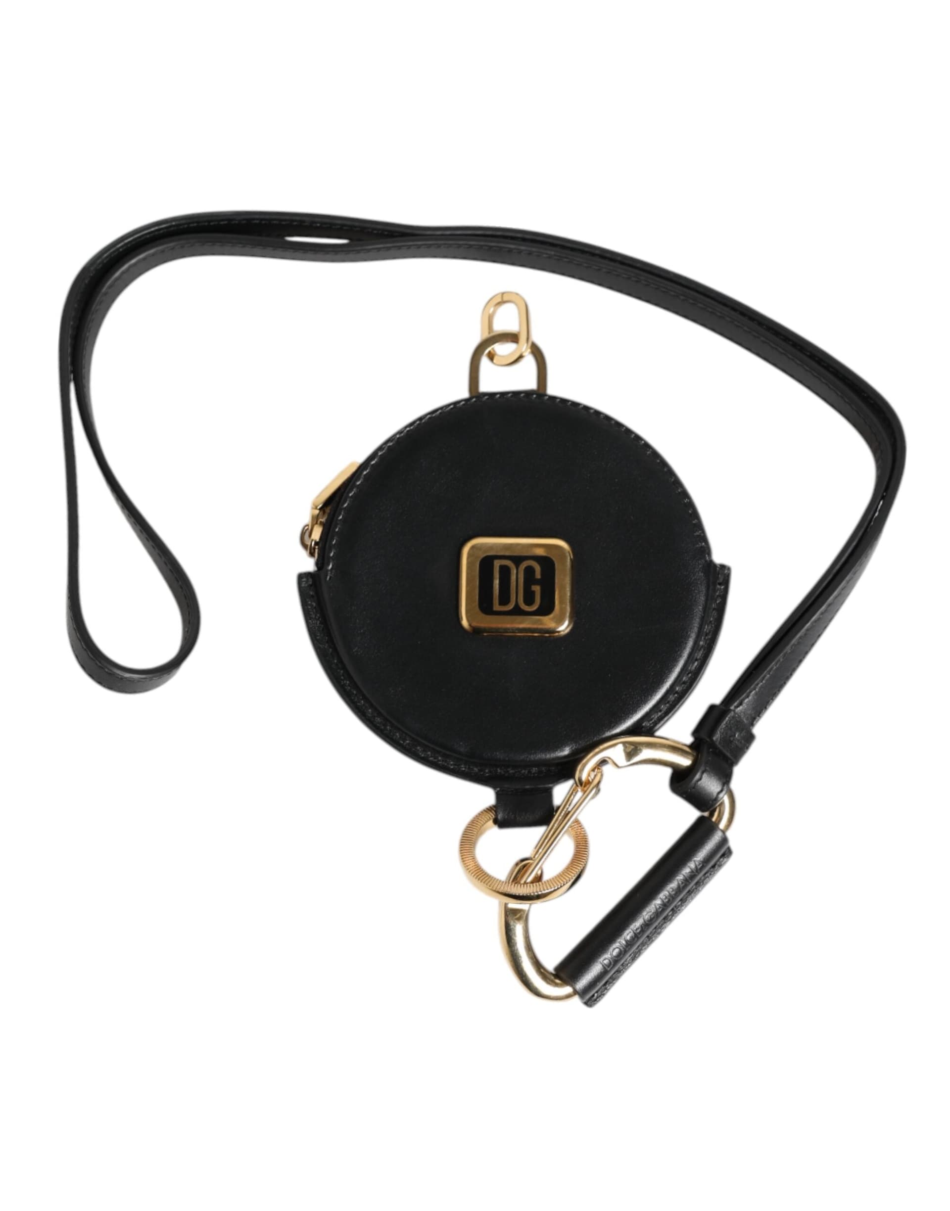 Black Round Leather DG Logo Coin Purse Lanyard Wallet - 2