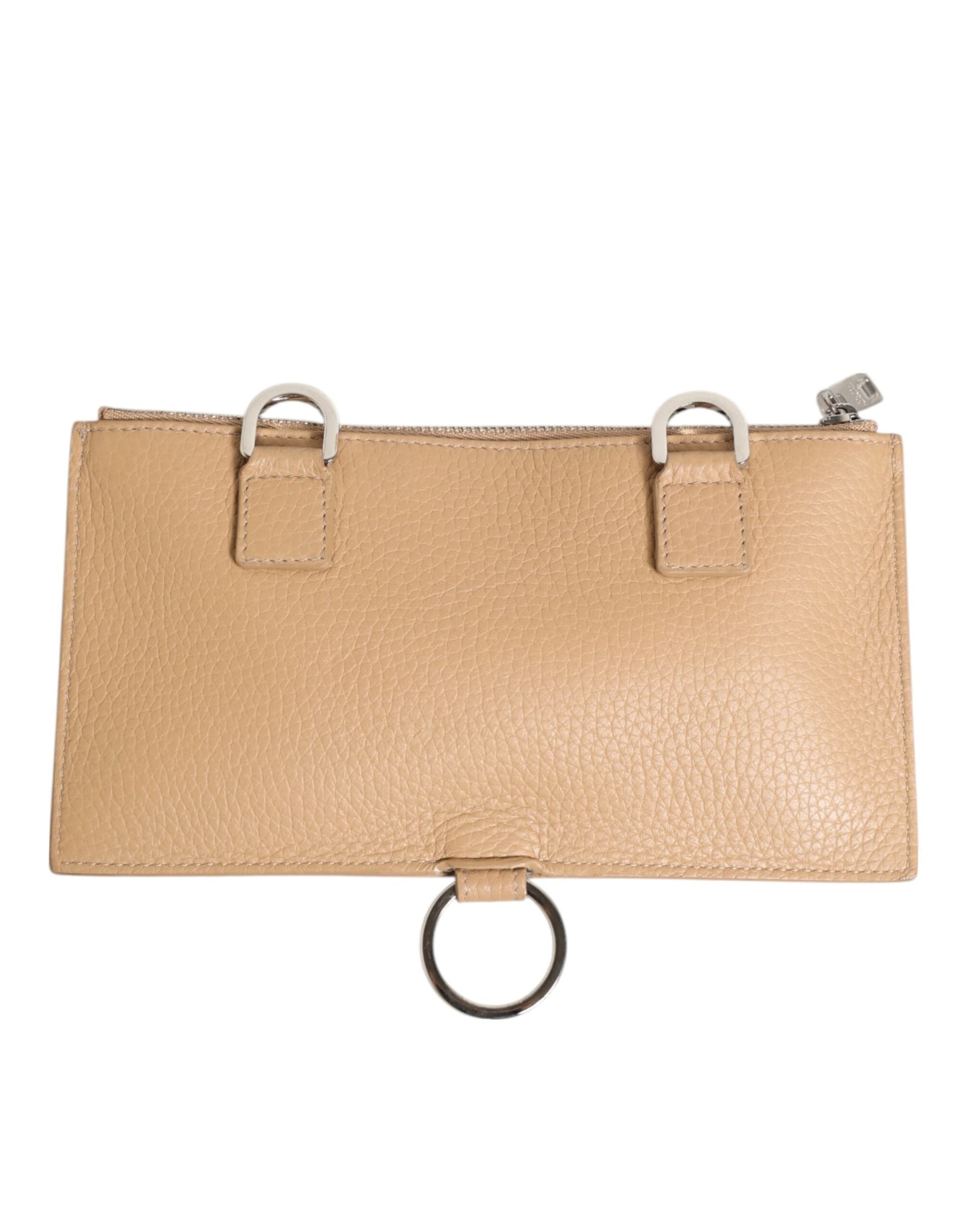 Beige Calfskin Leather Large Crossbody Card Holder Wallet - 4