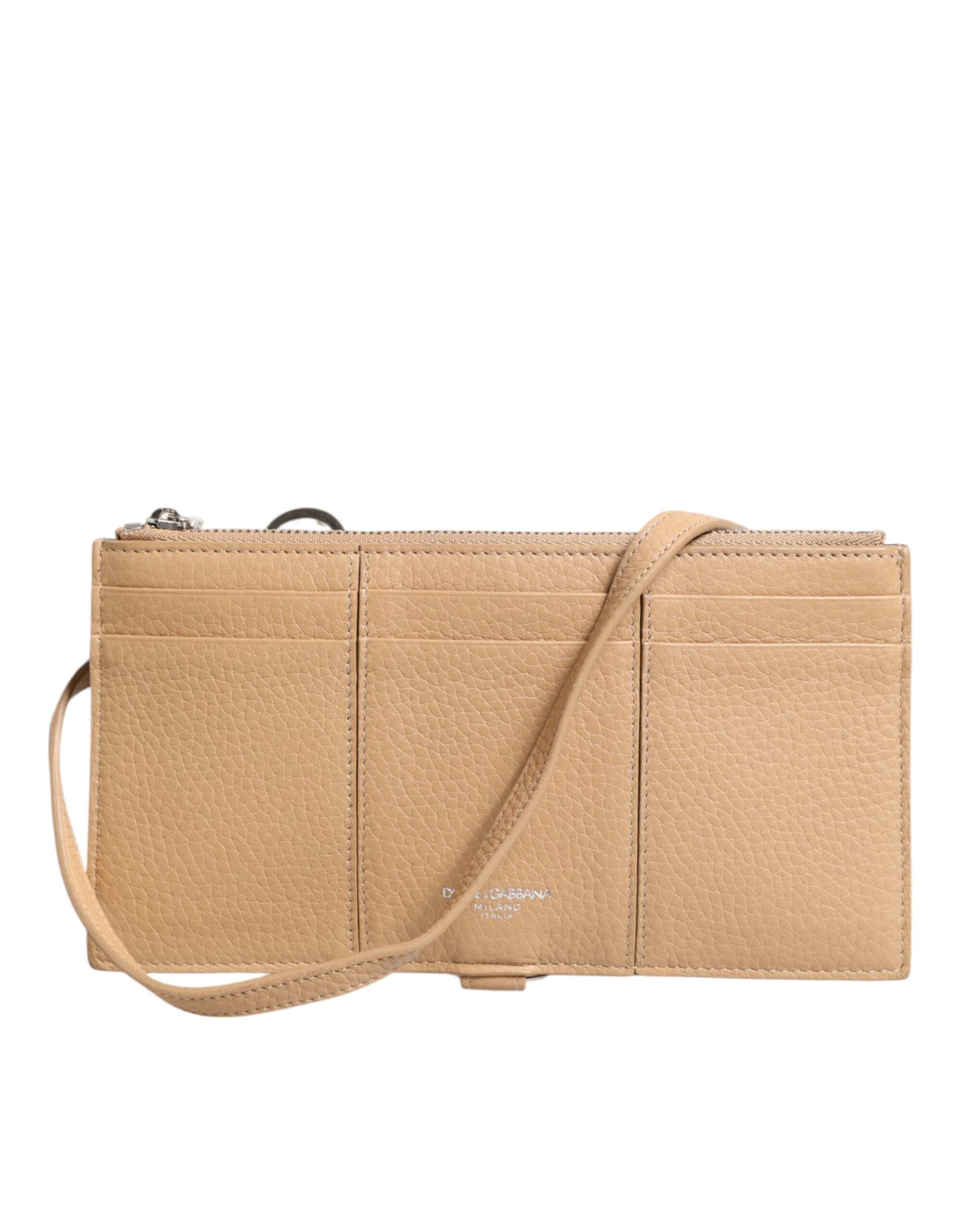Beige Calfskin Leather Large Crossbody Card Holder Wallet - 5