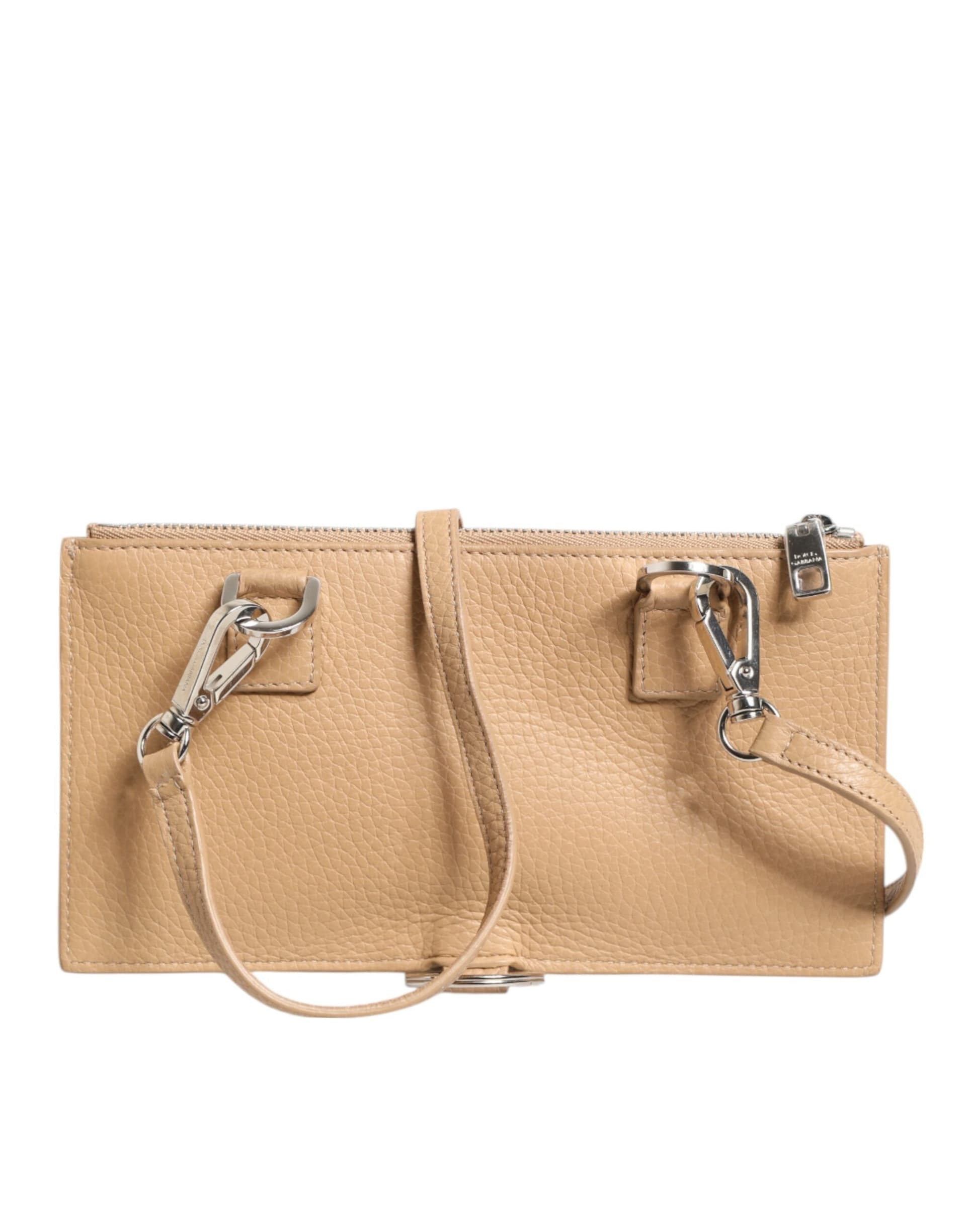 Beige Calfskin Leather Large Crossbody Card Holder Wallet - 6