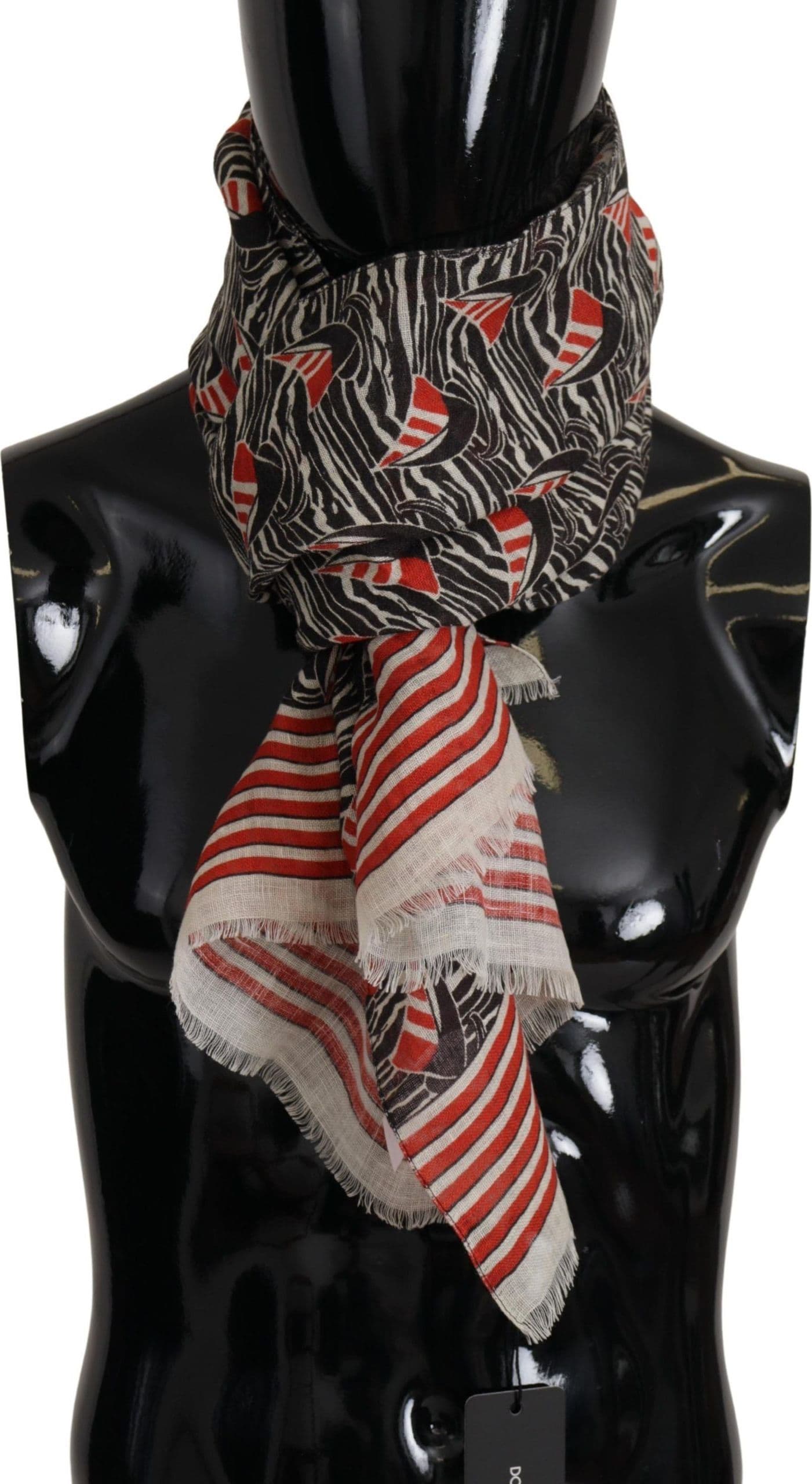 Black Red Linen Sailboat Stripe Print Shawl Scarf - 3