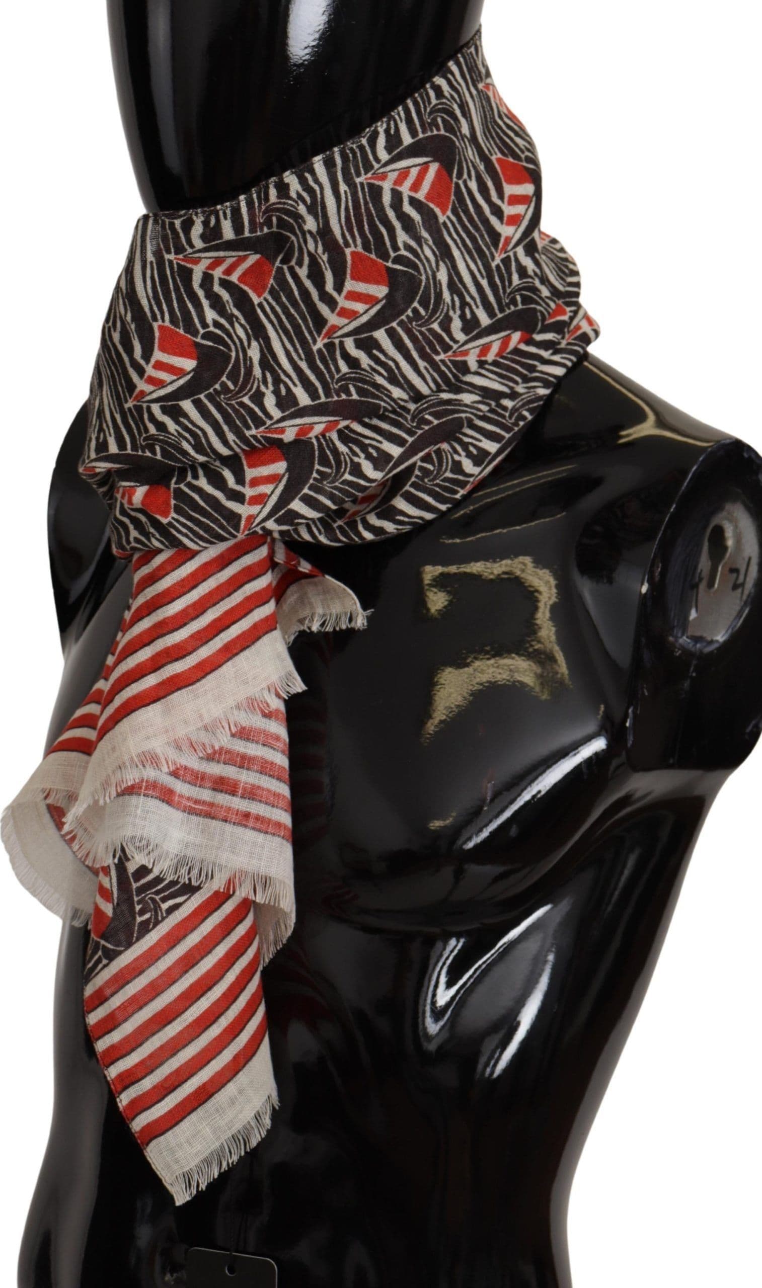 Black Red Linen Sailboat Stripe Print Shawl Scarf - 4