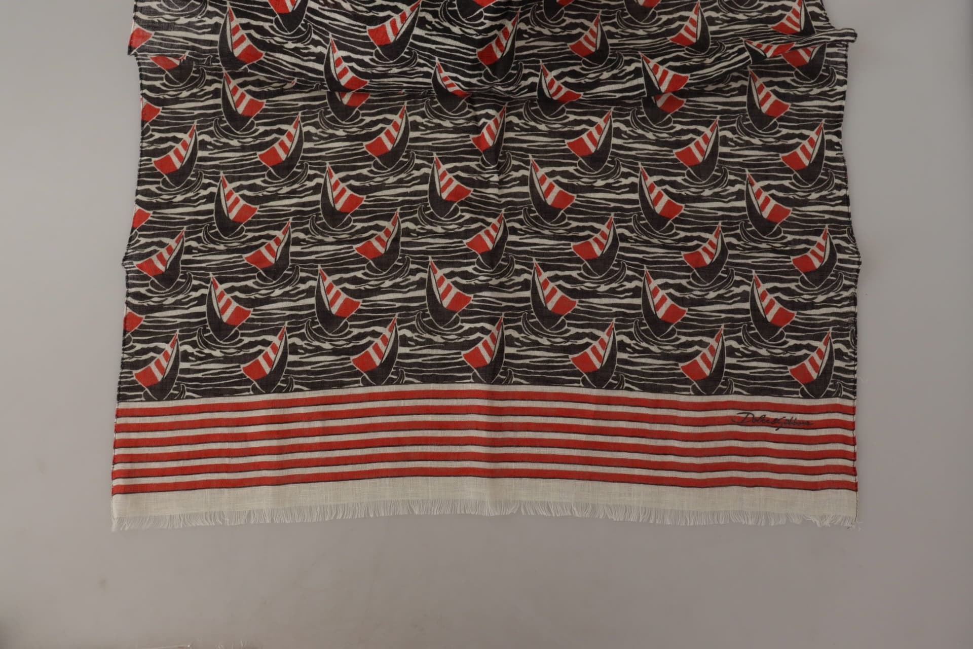 Black Red Linen Sailboat Stripe Print Shawl Scarf - 5