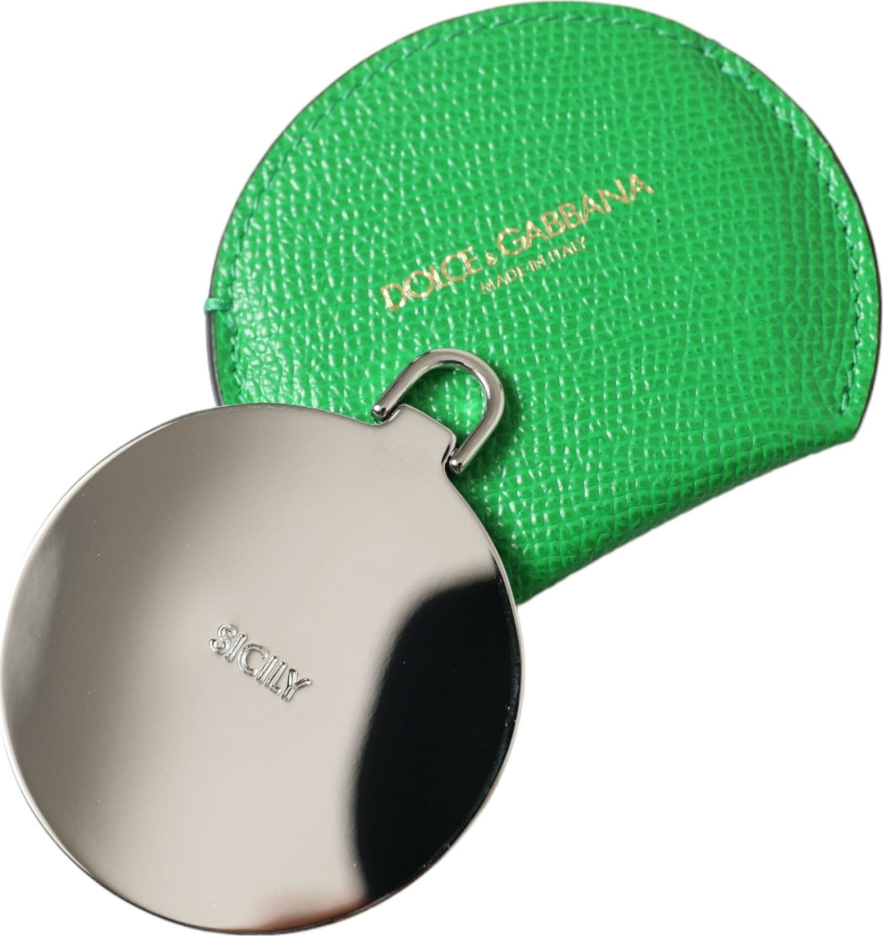 Green Calfskin Leather Round Logo Hand Mirror Holder - 3